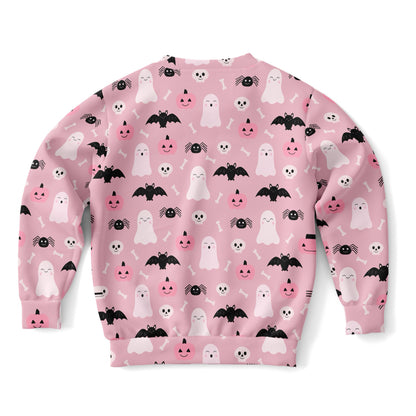 Girls Cute Ghost And Bats Pink Halloween Sweatshirt – Cozy Cotton Fleece or Lightweight Sports Fabric