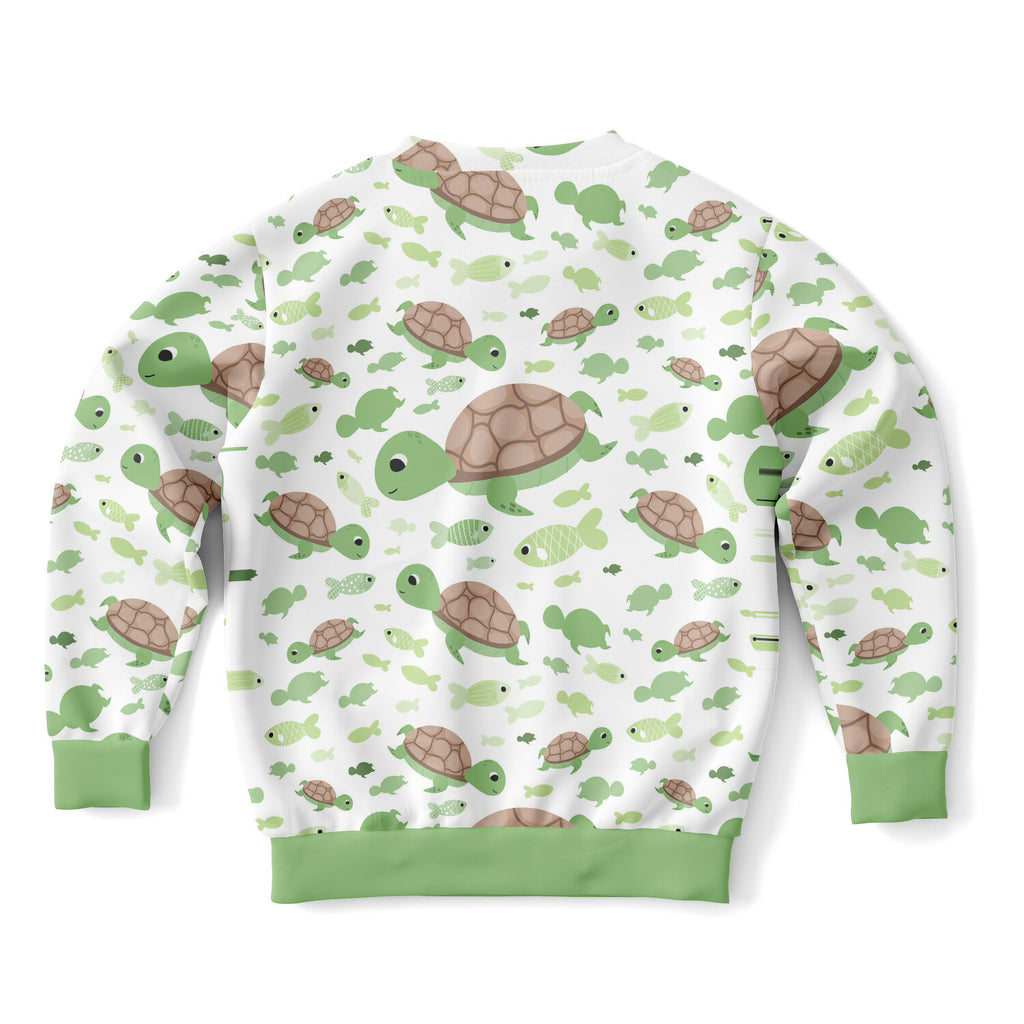 Kids green sea turtles sweatshirt in cozy cotton fleece with playful turtle print and light green cuffs and hem