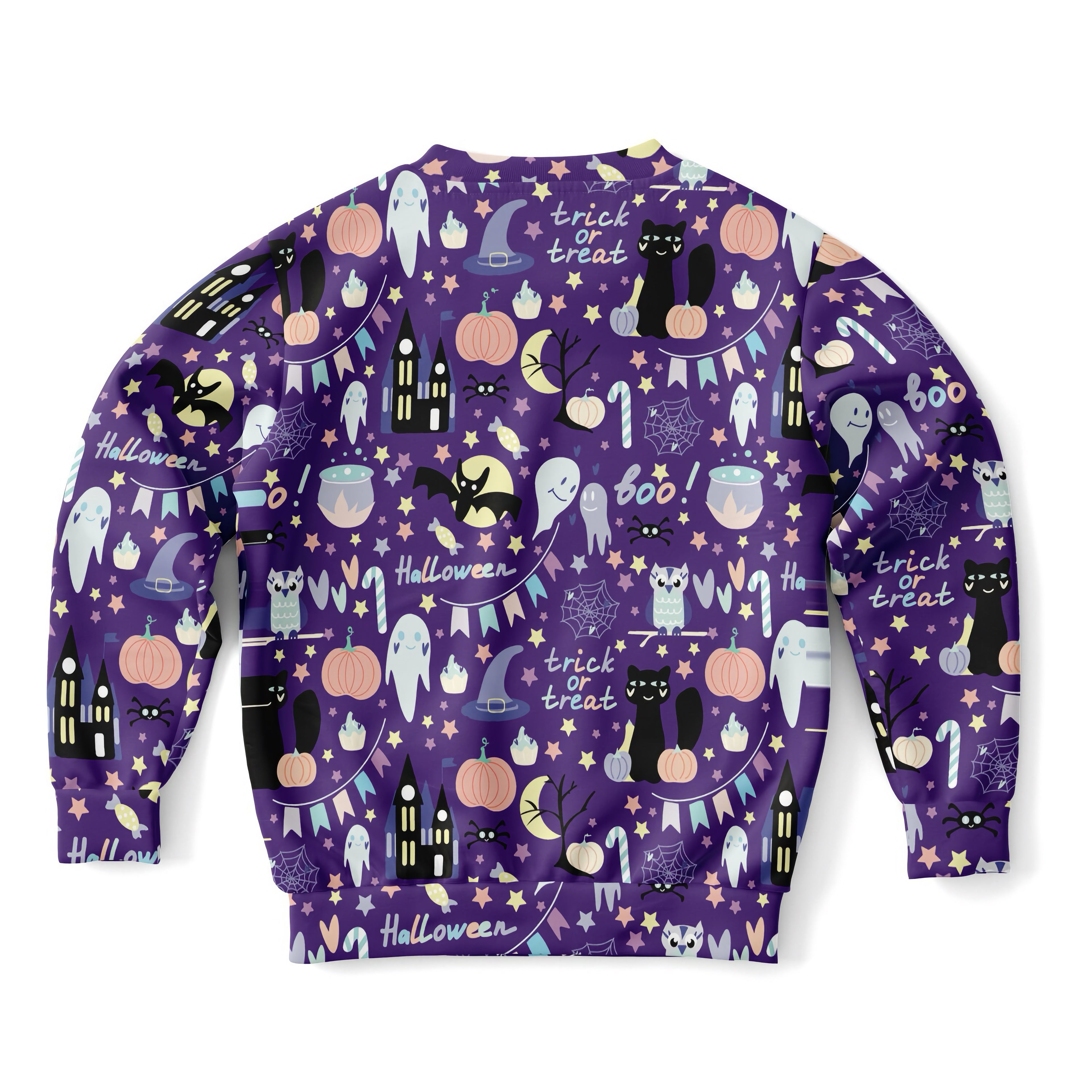 Purple kids spooky halloween sweatshirt with ghosts pumpkins cats haunted houses cozy cotton fleece