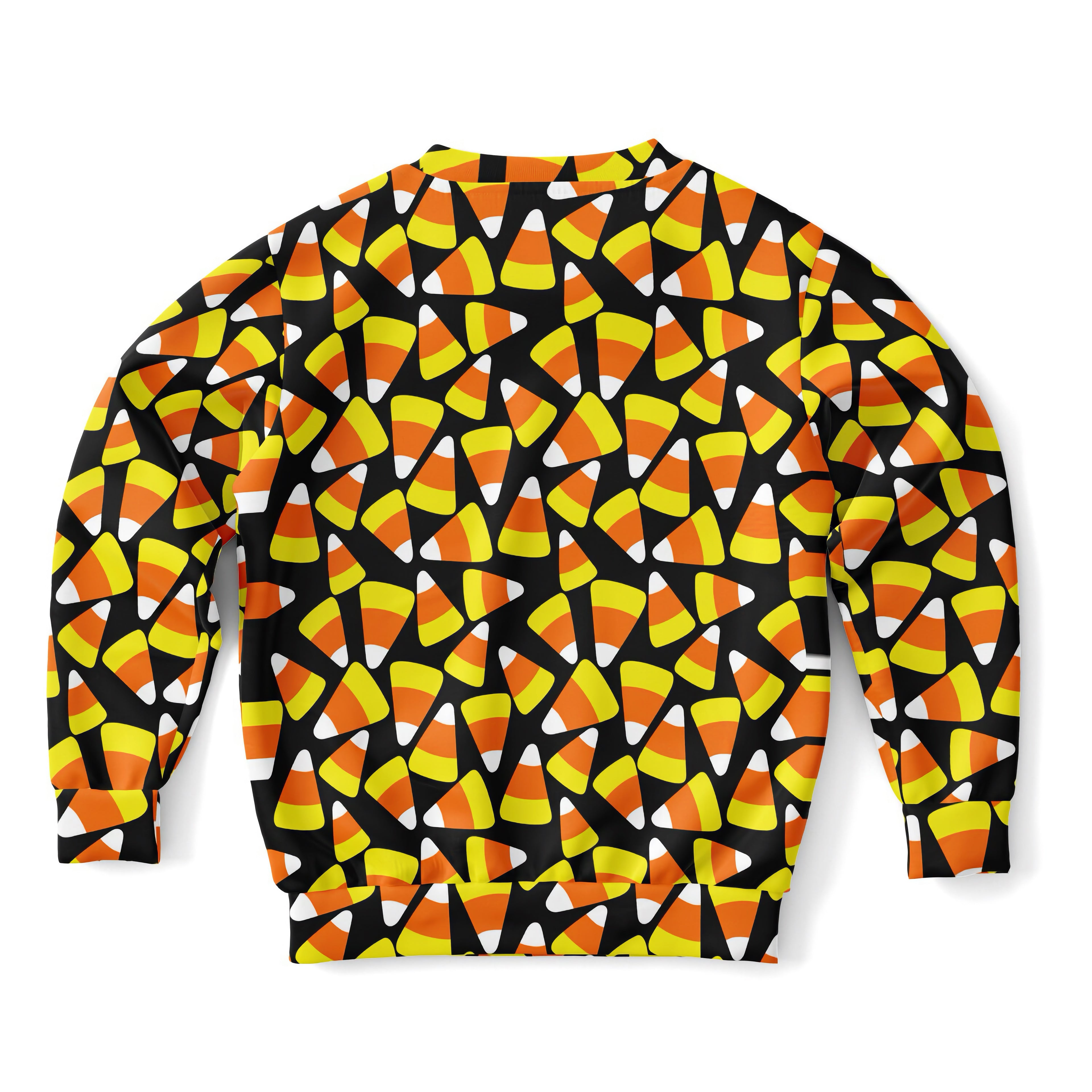 Kids candy corn halloween sweatshirt in black with vibrant orange yellow white print made of cozy cotton fleece or lightweight fabric