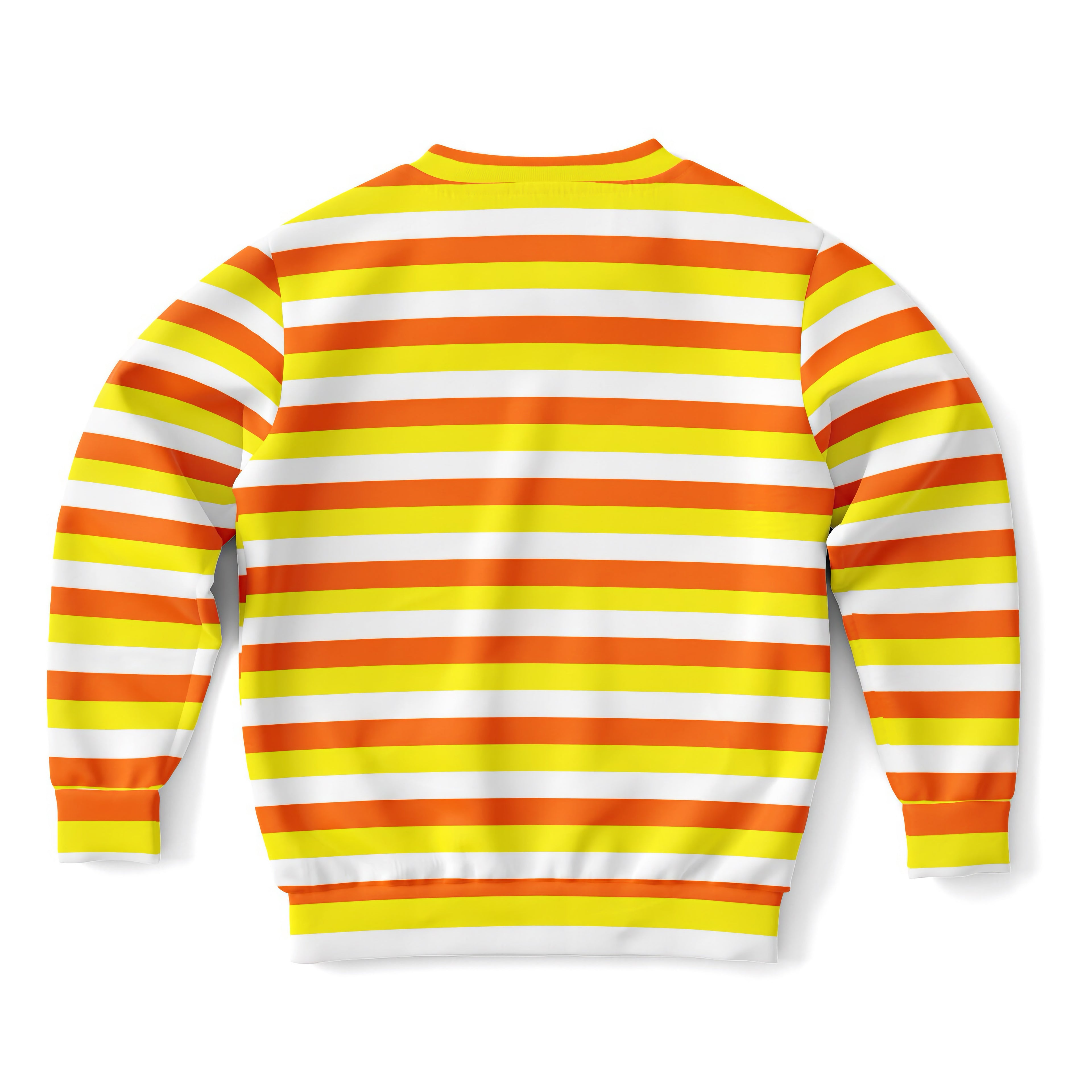 Kids candy corn stripes halloween sweatshirt with bold orange yellow white stripes in cozy cotton fleece fabric