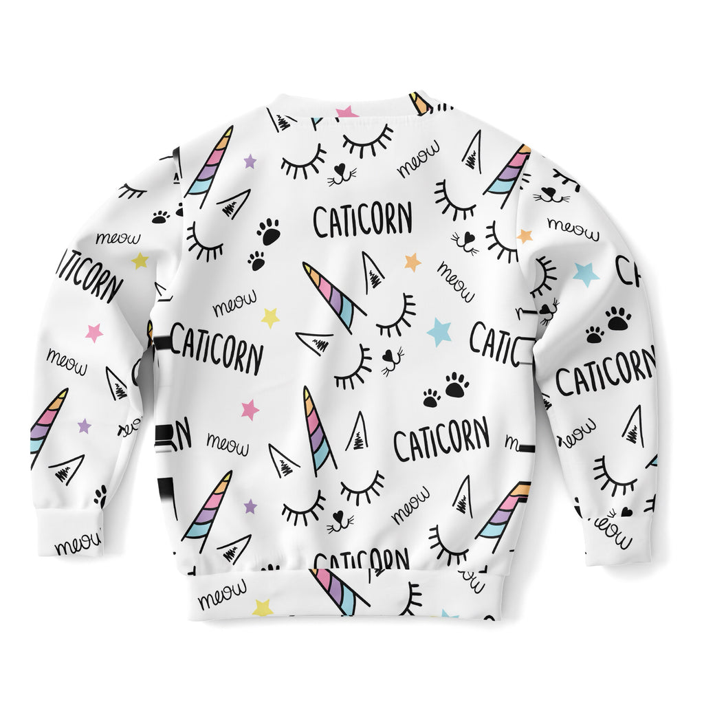 Girls magical caticorn sweatshirt in white cotton fleece with colorful rainbow unicorn horns and black meow text design