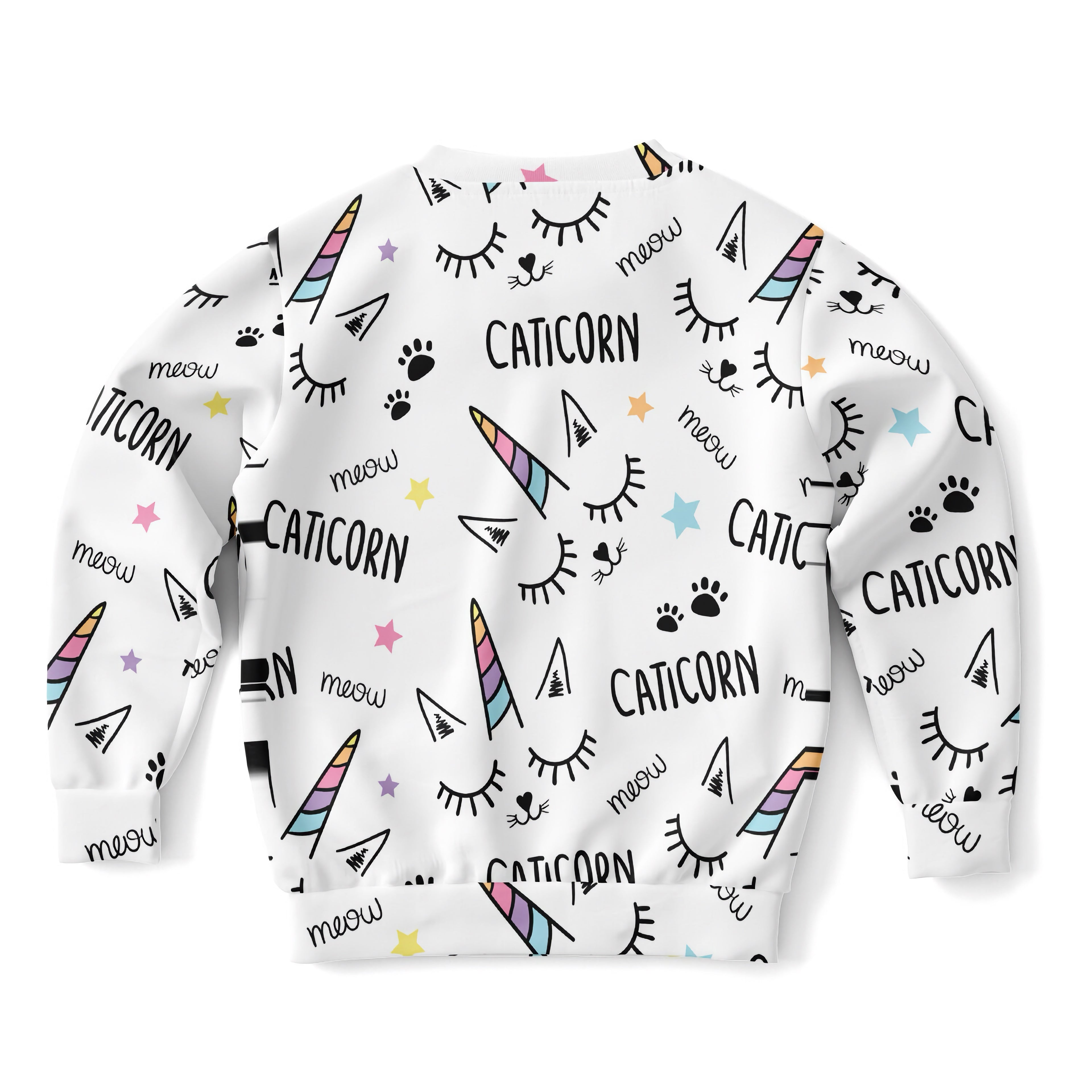 Girls magical caticorn sweatshirt in white cotton fleece with colorful rainbow unicorn horns and black meow text design