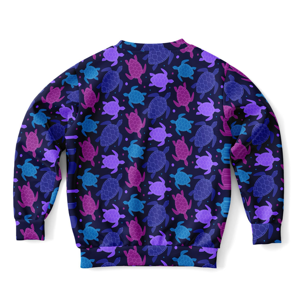 Girls purple sea turtle sweatshirt in navy blue with vibrant purple and teal print made from cozy cotton fleece