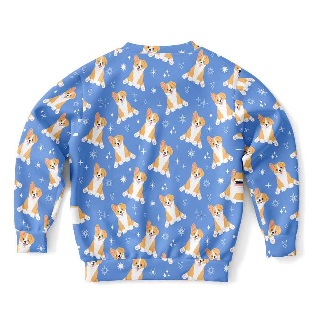 Kids Blue Corgi Dog Sweatshirt – Cozy Cotton Fleece or Lightweight Sports Fabric