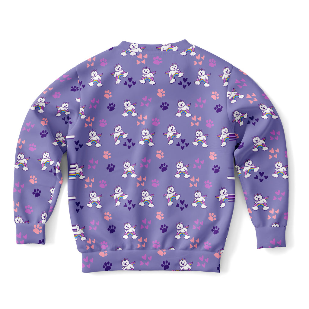 Girls purple caticorns sweatshirt with playful winged white cats rainbows and paw prints in cozy cotton fleece