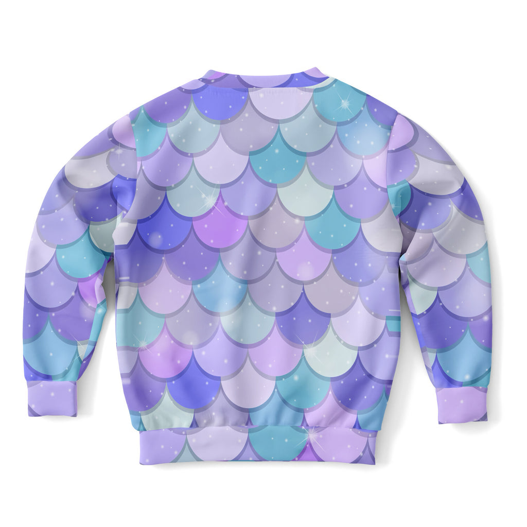 Girls purple mermaid scales sweatshirt with vibrant iridescent pattern in cozy cotton fleece or lightweight sports fabric