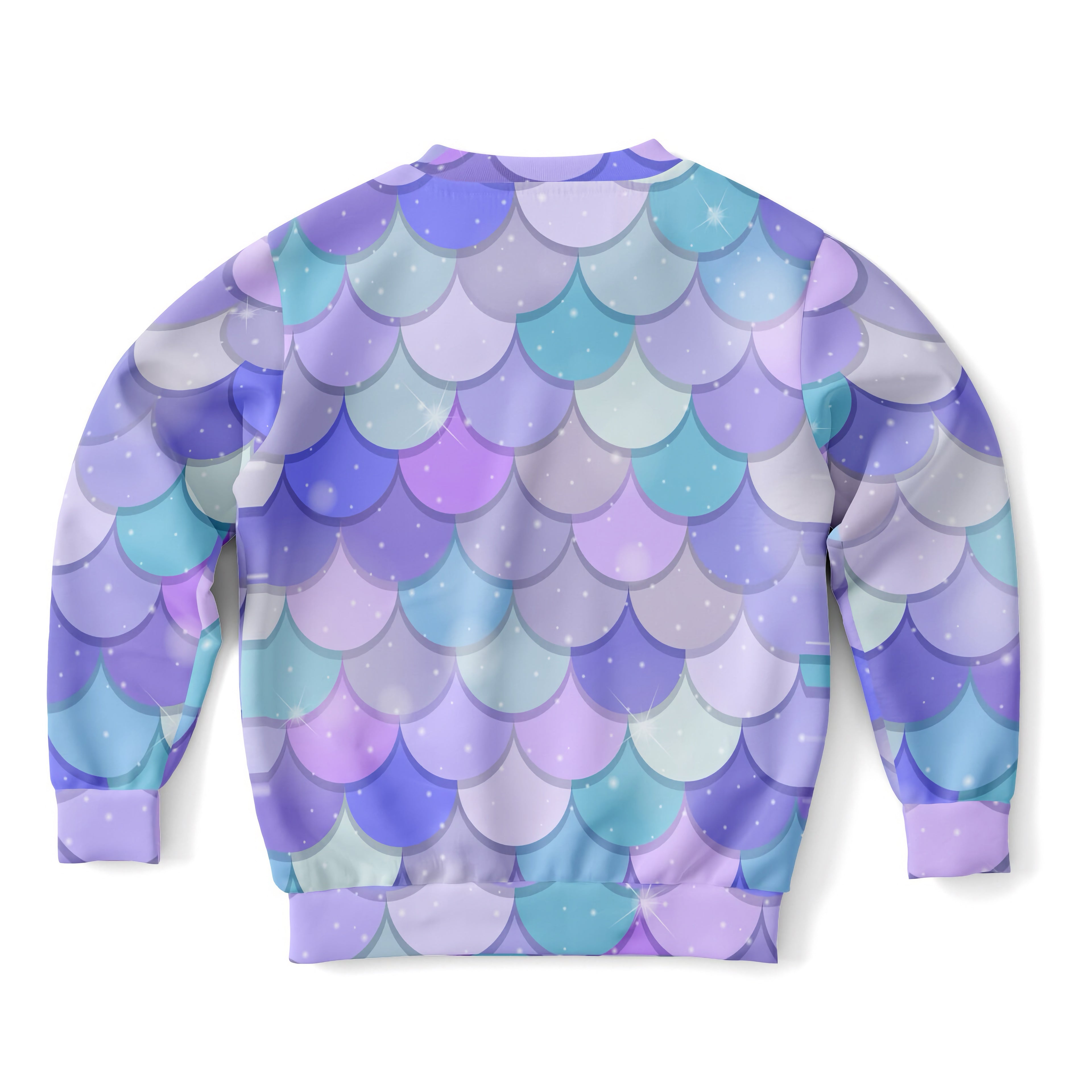 Girls purple mermaid scales sweatshirt with vibrant iridescent pattern in cozy cotton fleece or lightweight sports fabric