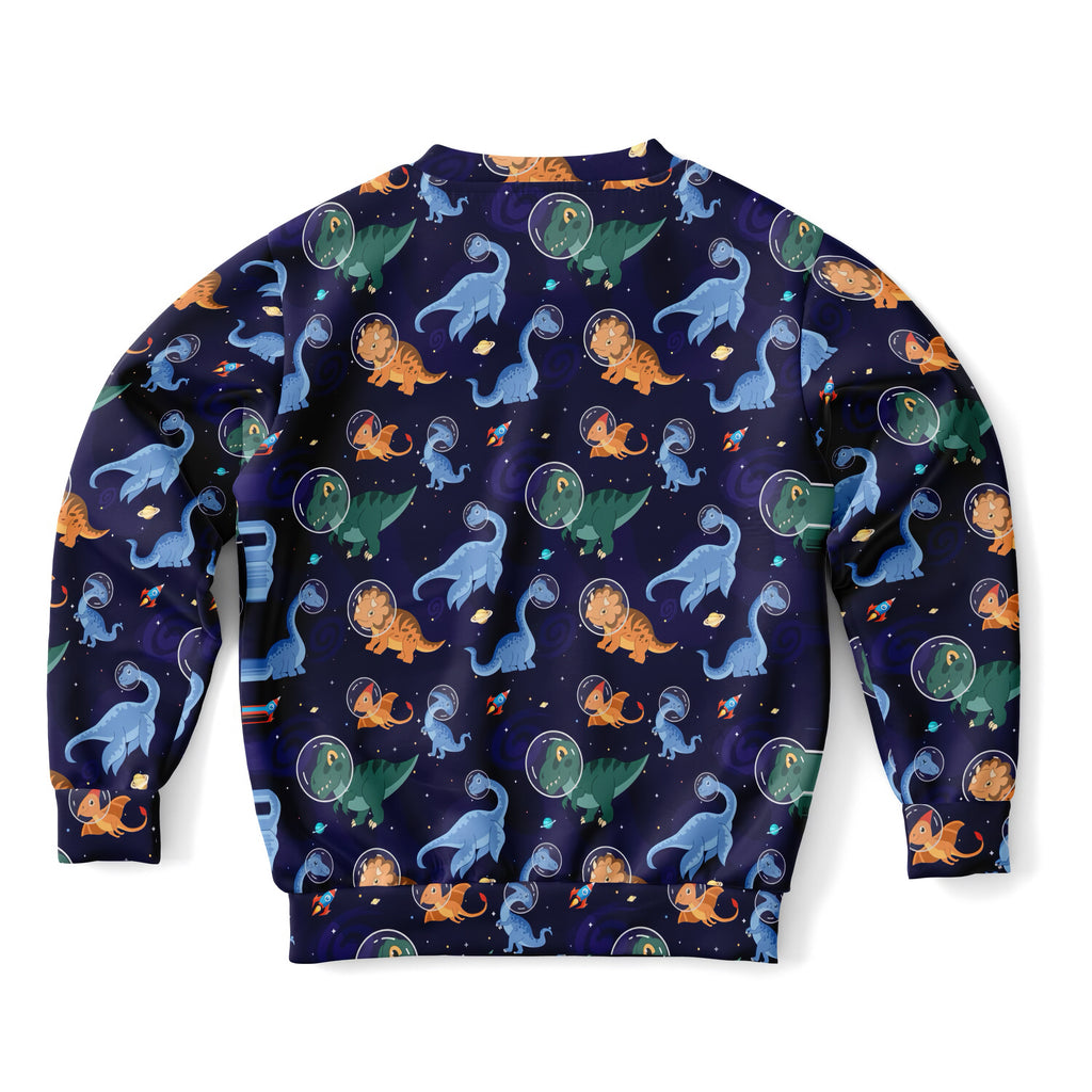Kids space dinosaur sweatshirt navy blue cotton fleece with playful astronaut dinosaur pattern for cozy wear