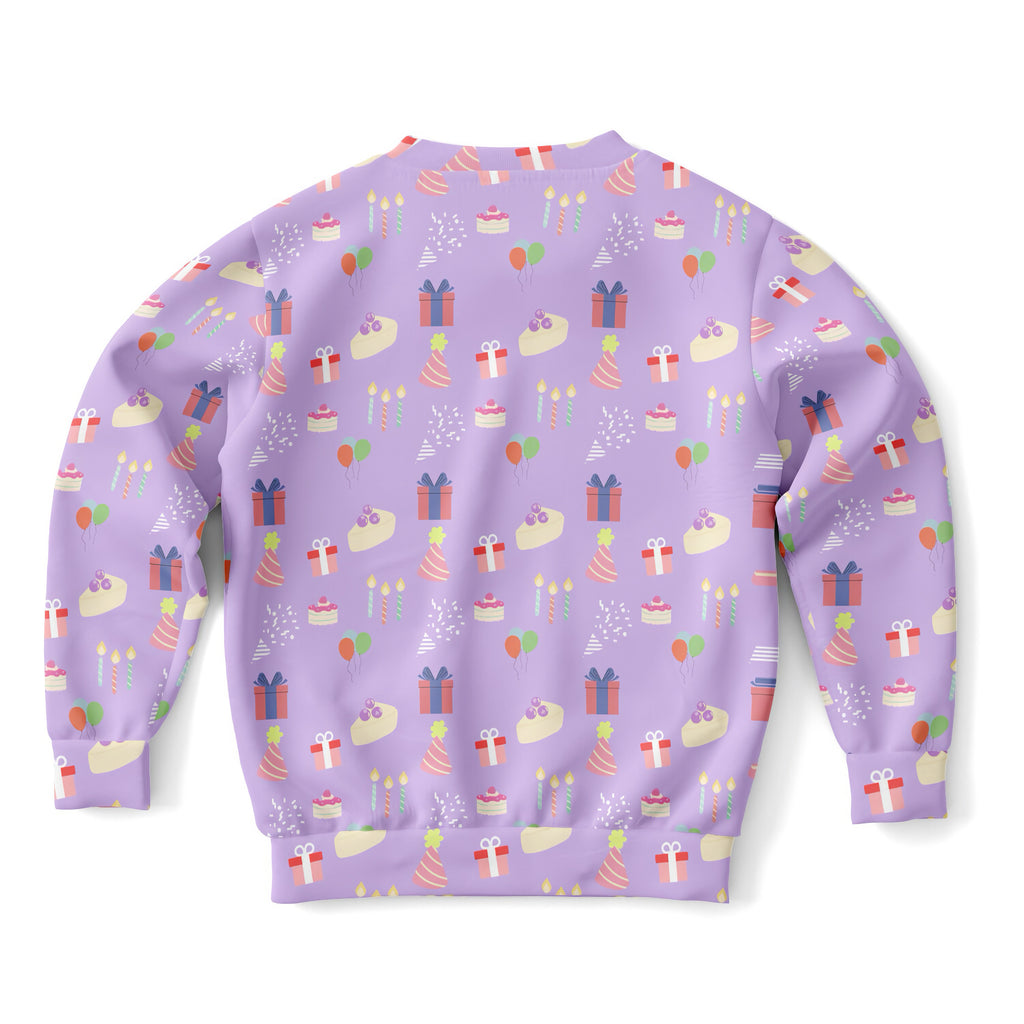 Girls purple birthday pattern sweatshirt in cozy cotton fleece with playful pastel party-themed prints