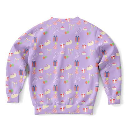 Girls Purple Birthday Pattern Sweatshirt – Cozy Cotton Fleece or Lightweight Sports Fabric