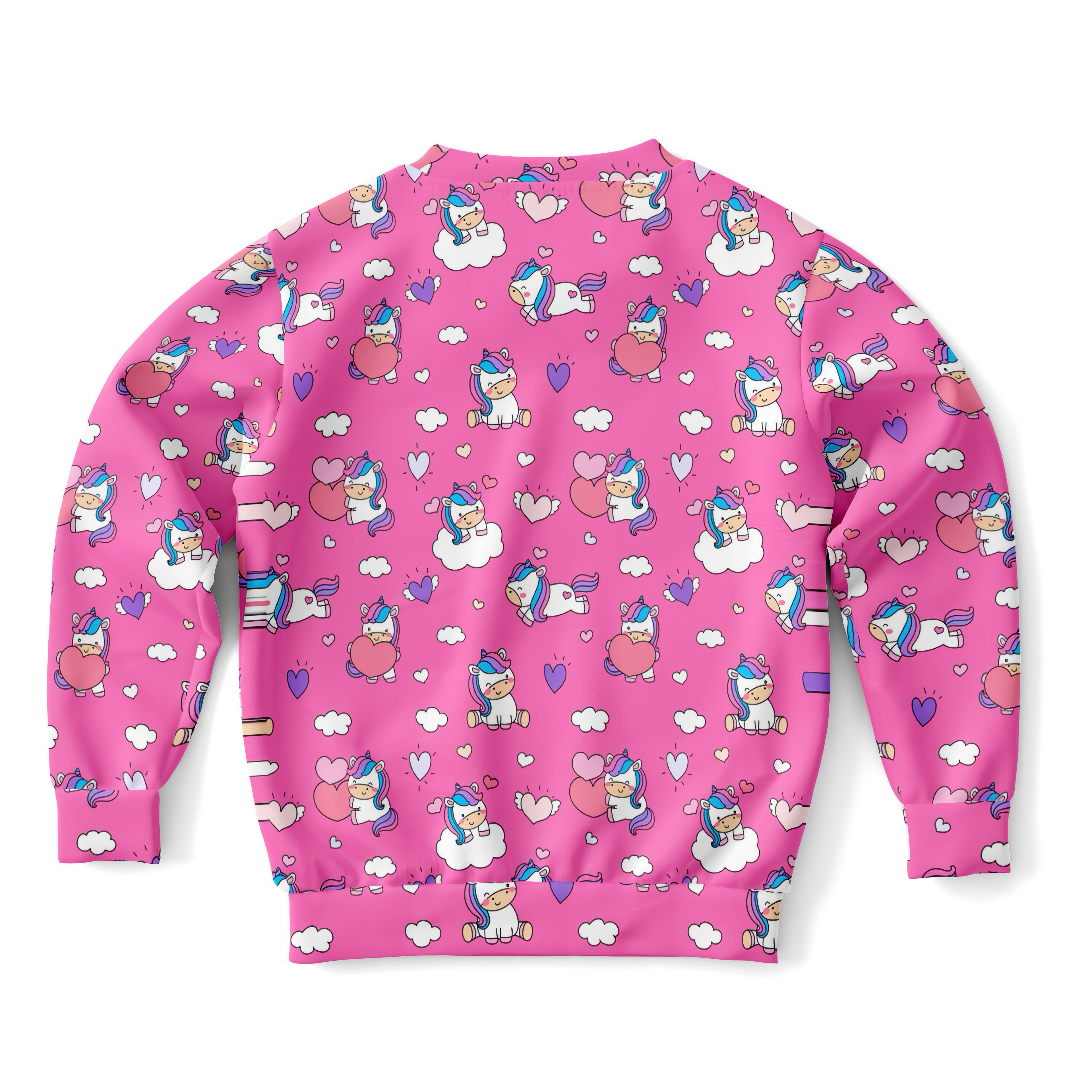 Girls unicorn hearts sweatshirt in pink with playful unicorn print made from cozy cotton fleece or lightweight sports fabric