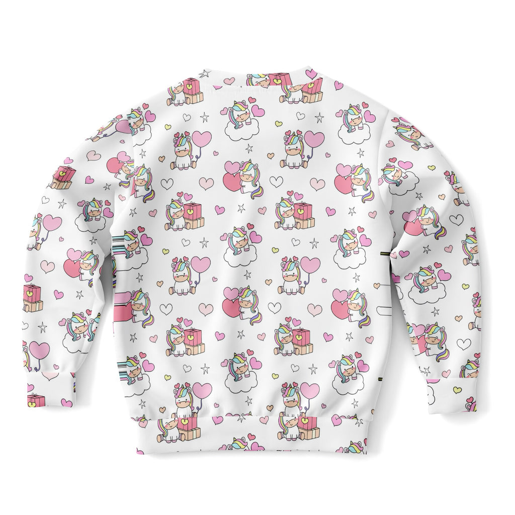 White girls unicorn birthday sweatshirt with playful rainbow mane unicorns on clouds in cozy cotton fleece