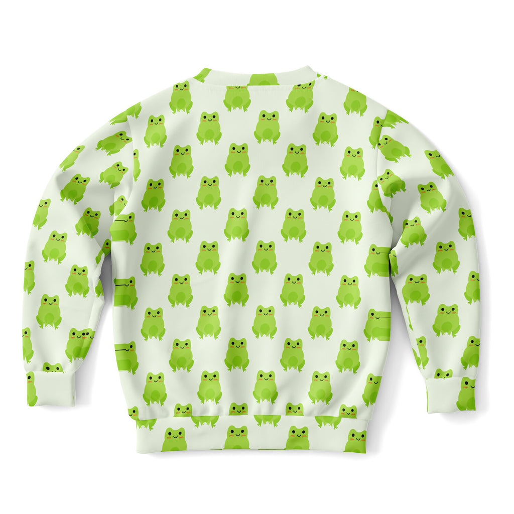 Kids green frog sweatshirt in cozy cotton fleece featuring lime green cartoon frog pattern on white fabric
