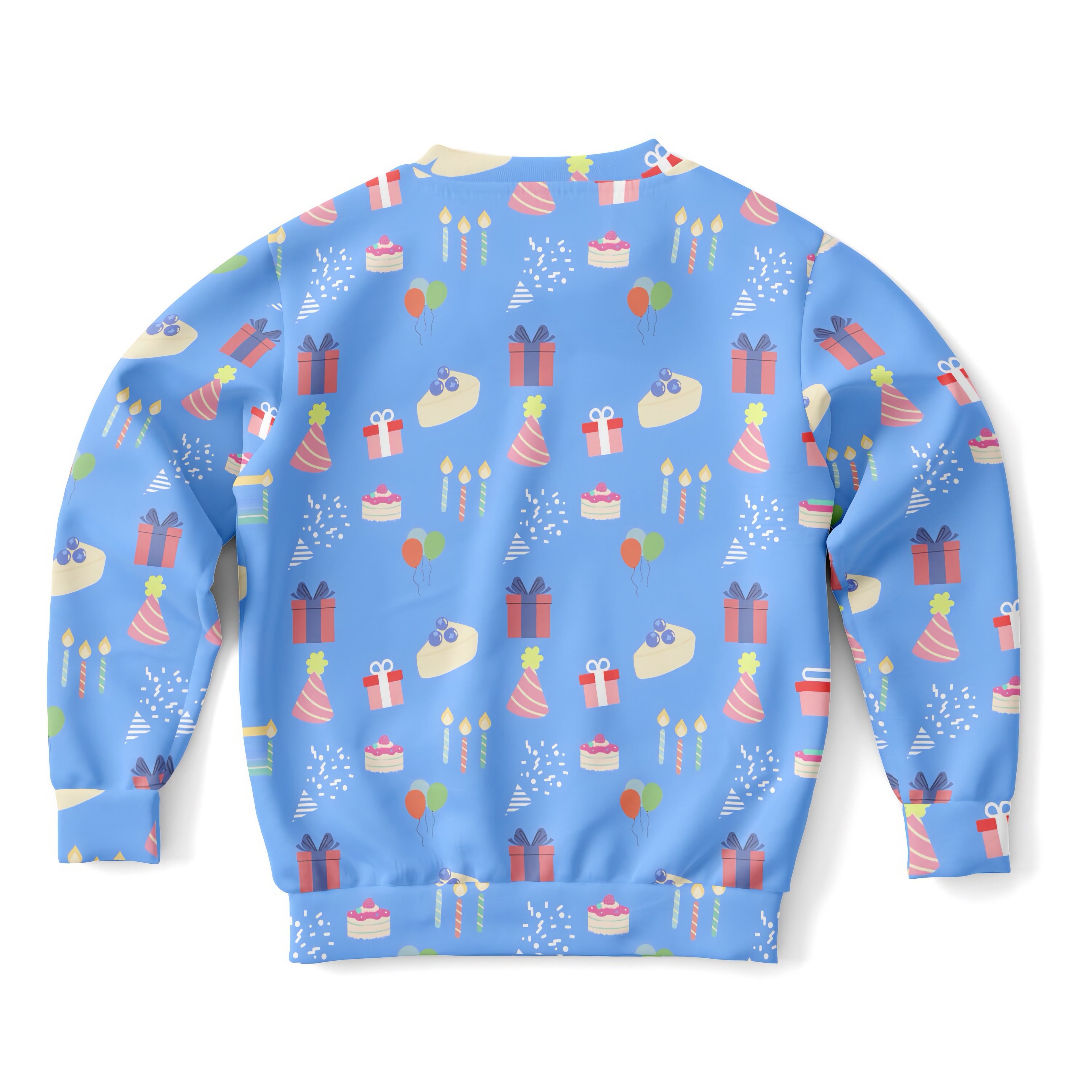 Kids blue birthday pattern sweatshirt with playful pastel cakes and balloons print in cozy cotton fleece fabric