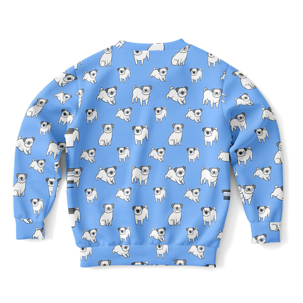 Kids Blue Pug Sweatshirt – Cozy Cotton Fleece or Lightweight Sports Fabric