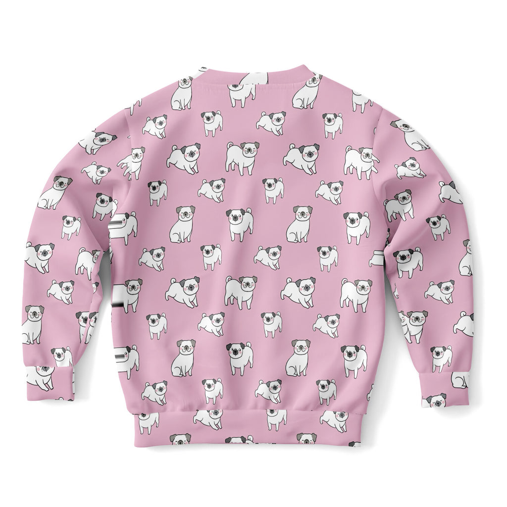 Girls Pink Pug Sweatshirt – Cozy Cotton Fleece or Lightweight Sports Fabric