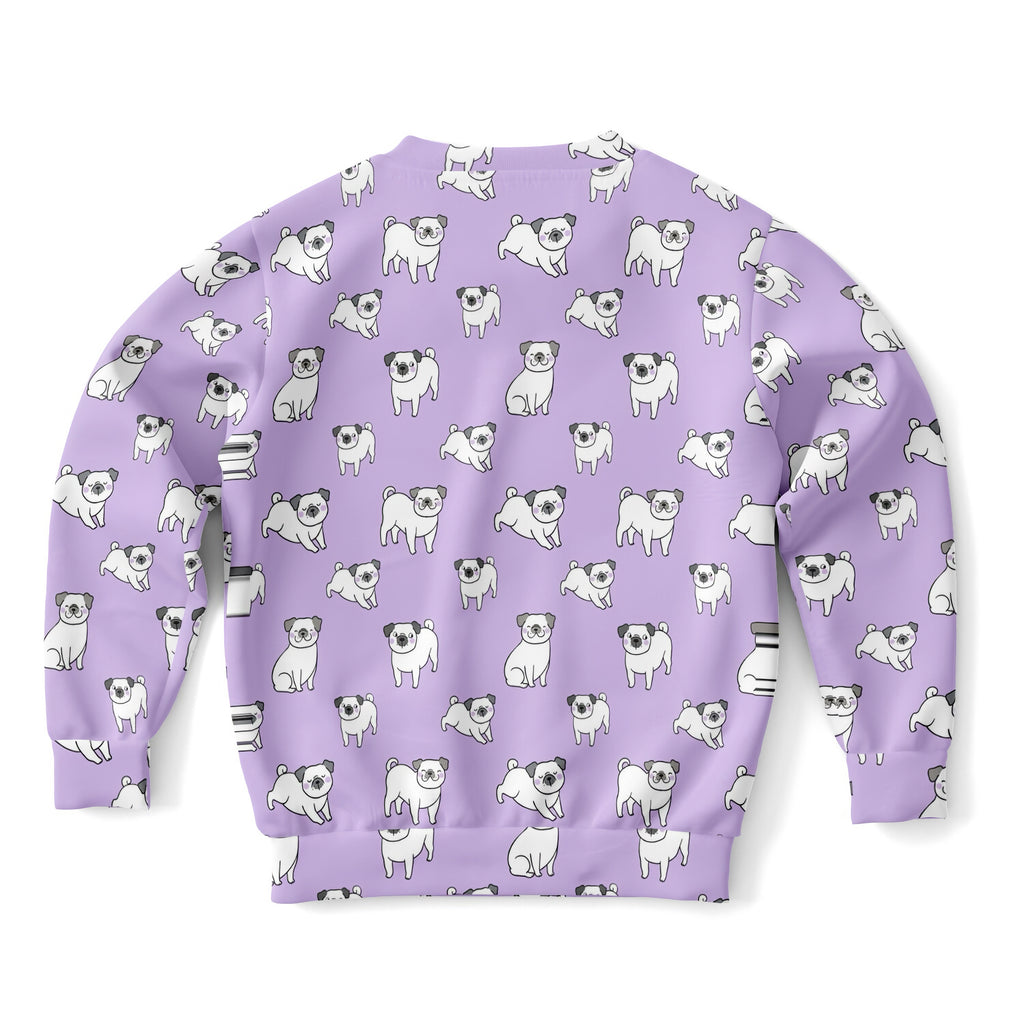 Girls purple sweatshirt with repeating white pug dog pattern made of cozy cotton fleece or lightweight sports fabric