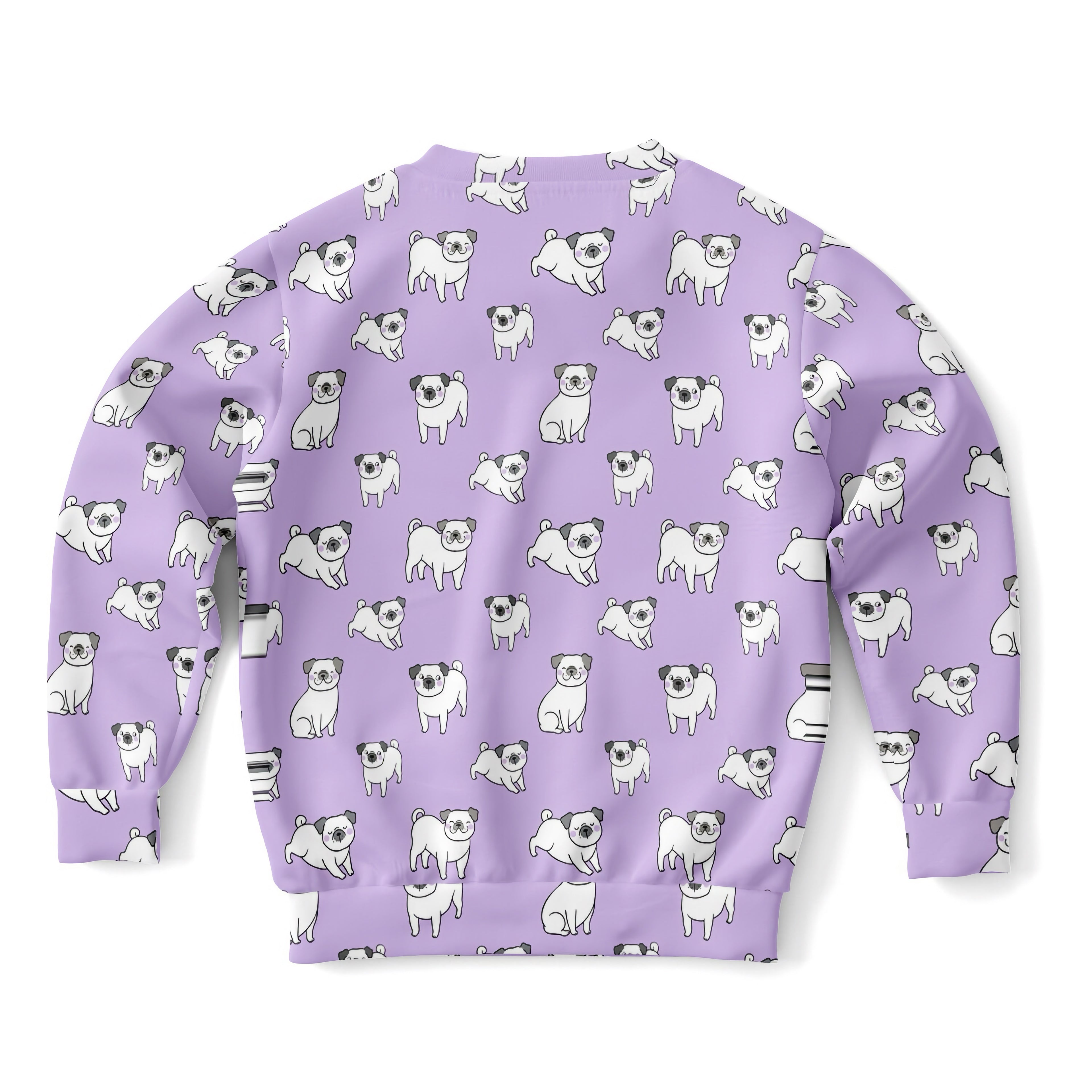 Girls purple sweatshirt with repeating white pug dog pattern made of cozy cotton fleece or lightweight sports fabric