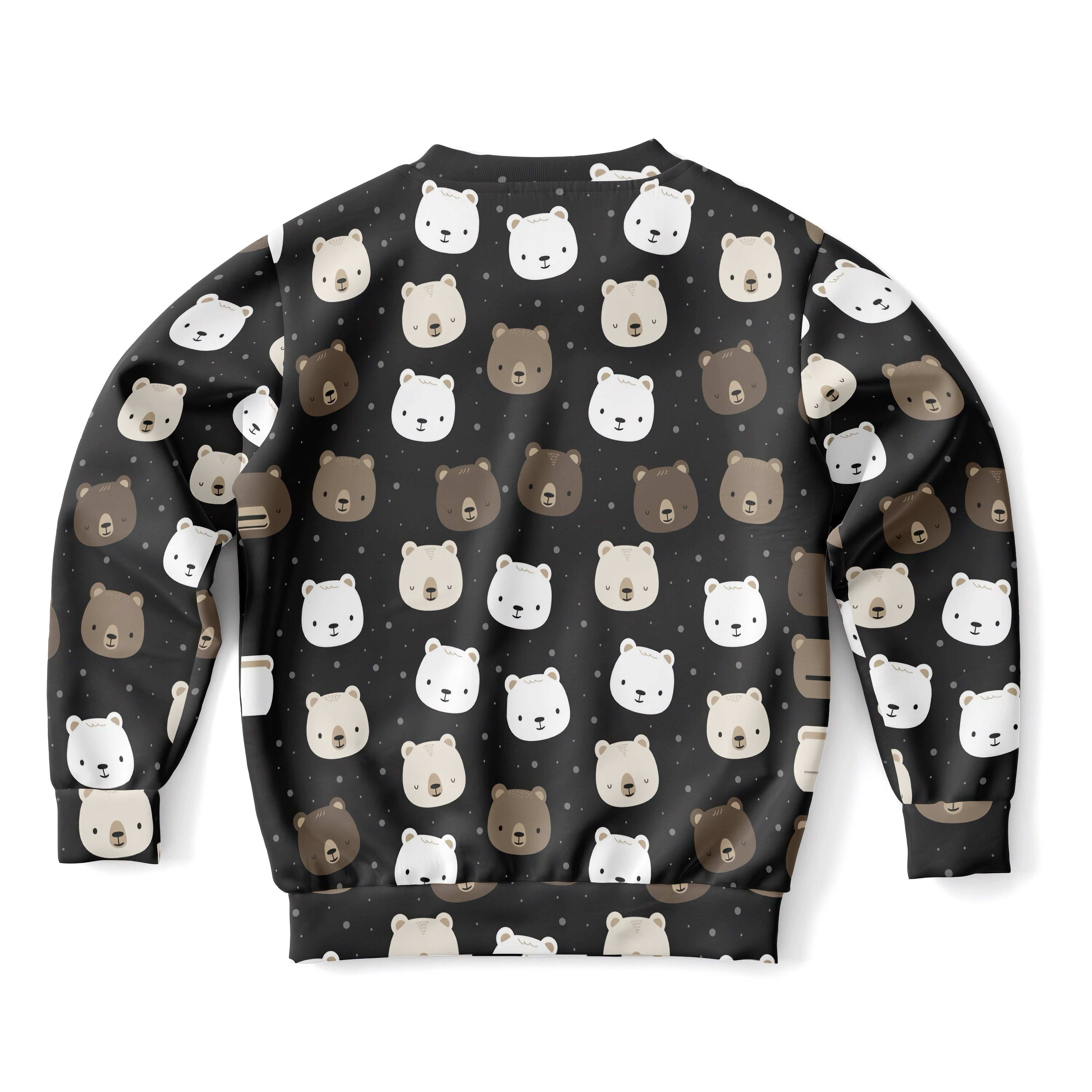 Black kids bear face sweatshirt with playful white and brown bear pattern made from cozy cotton fleece fabric