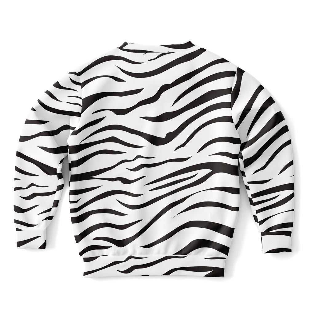 Kids zebra print sweatshirt with black and white stripes made from cozy cotton fleece or lightweight sports fabric