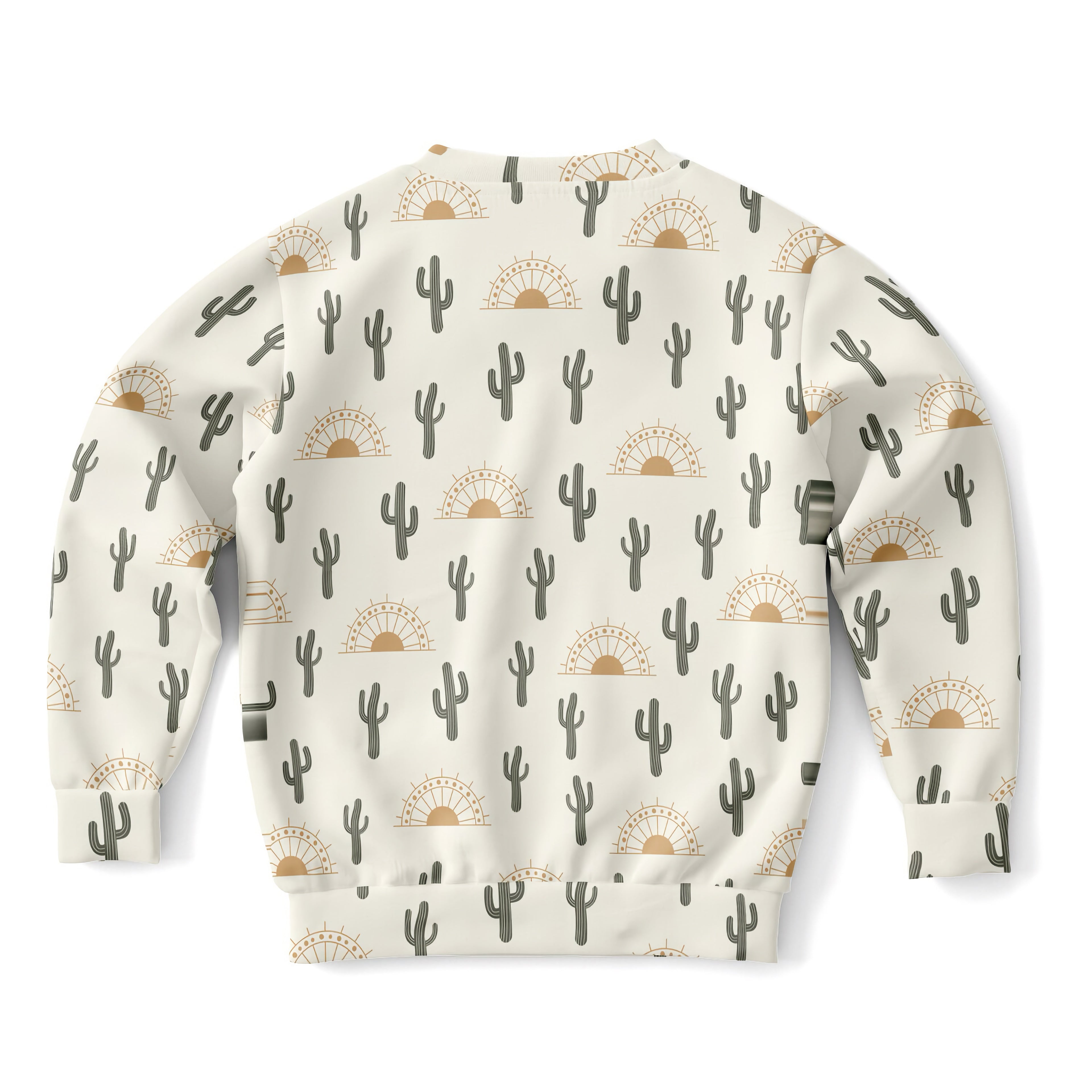 Cream-colored kids sweatshirt with black cactus and tan sunset pattern made of cozy cotton fleece fabric