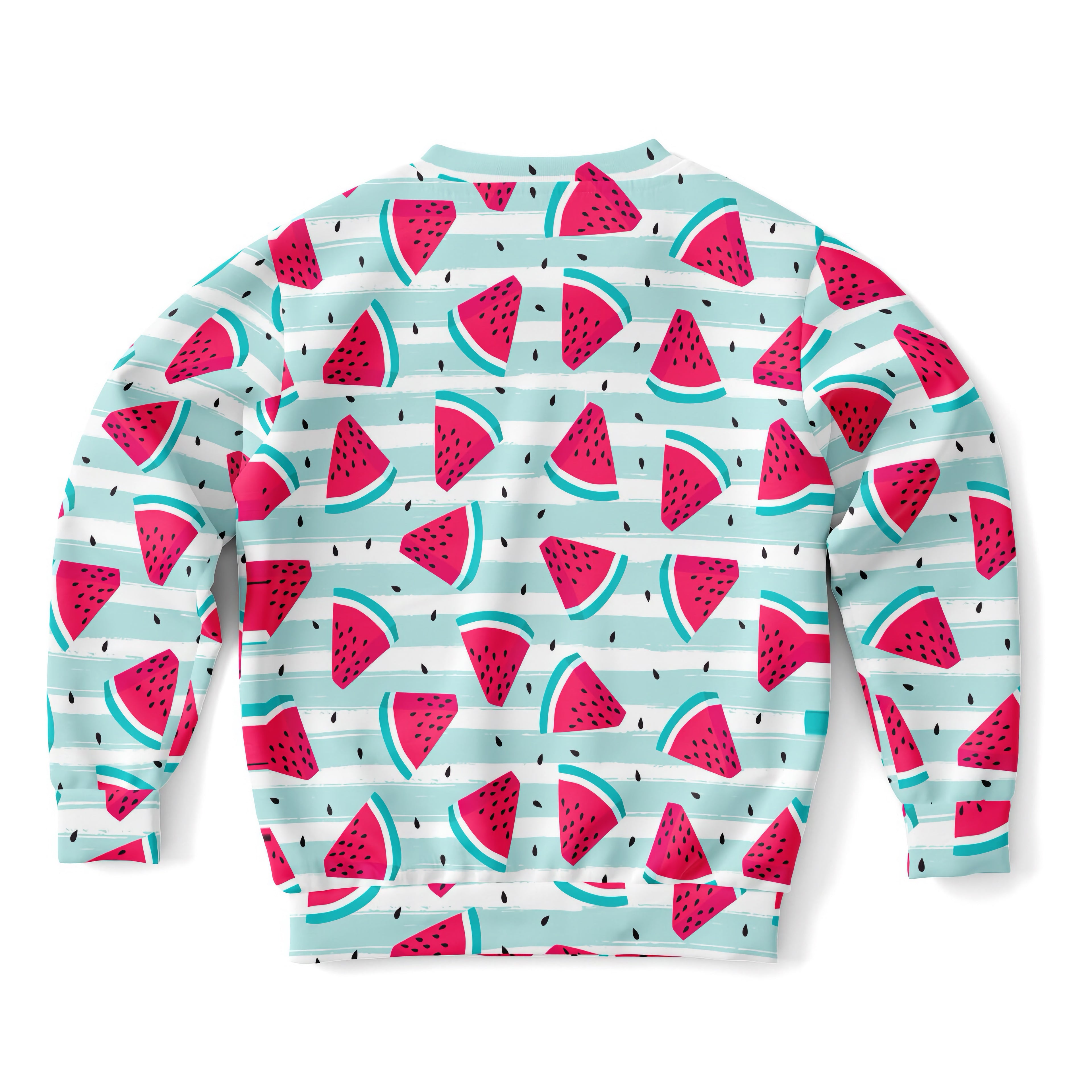 Kids striped watermelon sweatshirt in mint green white and bright pink with teal outlines cozy cotton fleece fabric