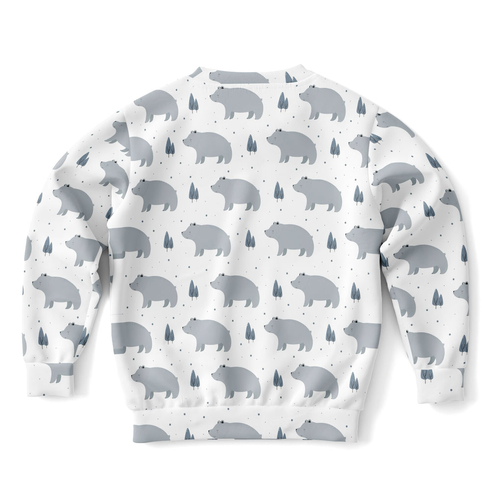 Kids polar bear sweatshirt in white cotton fleece featuring a gray bear and tree pattern for cozy wear