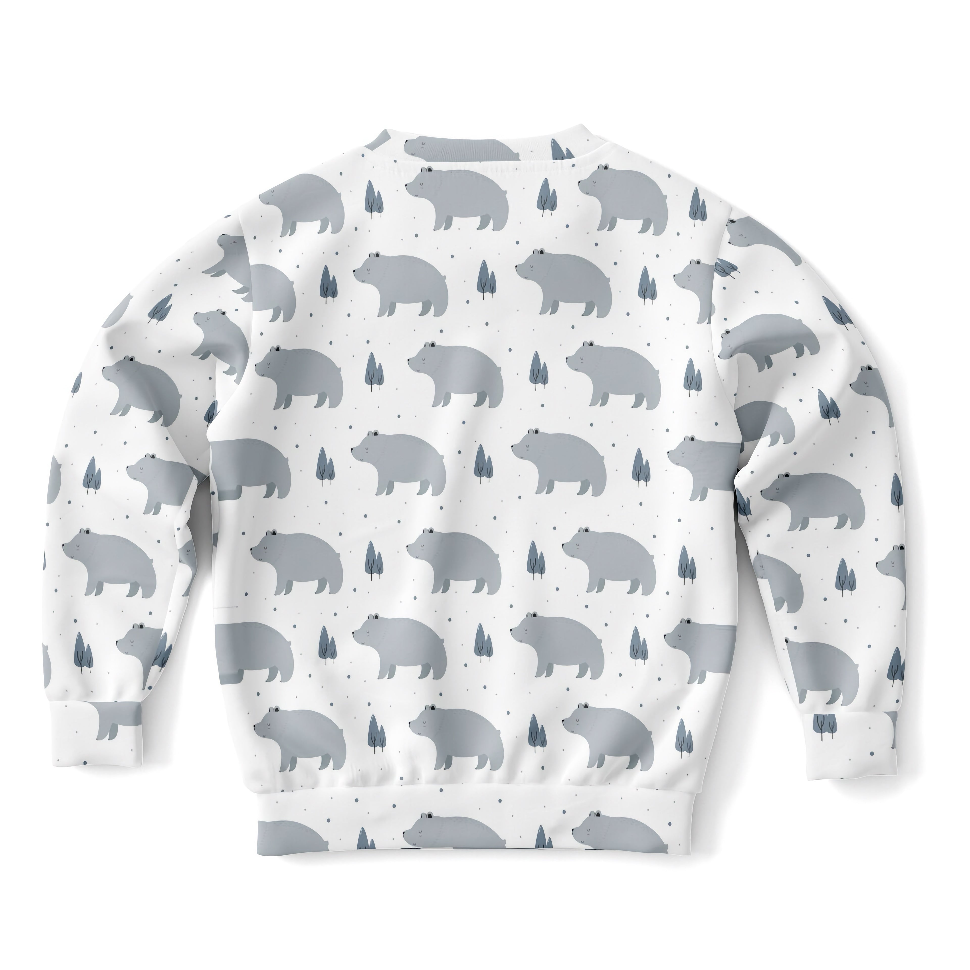 Kids polar bear sweatshirt in white cotton fleece featuring a gray bear and tree pattern for cozy wear