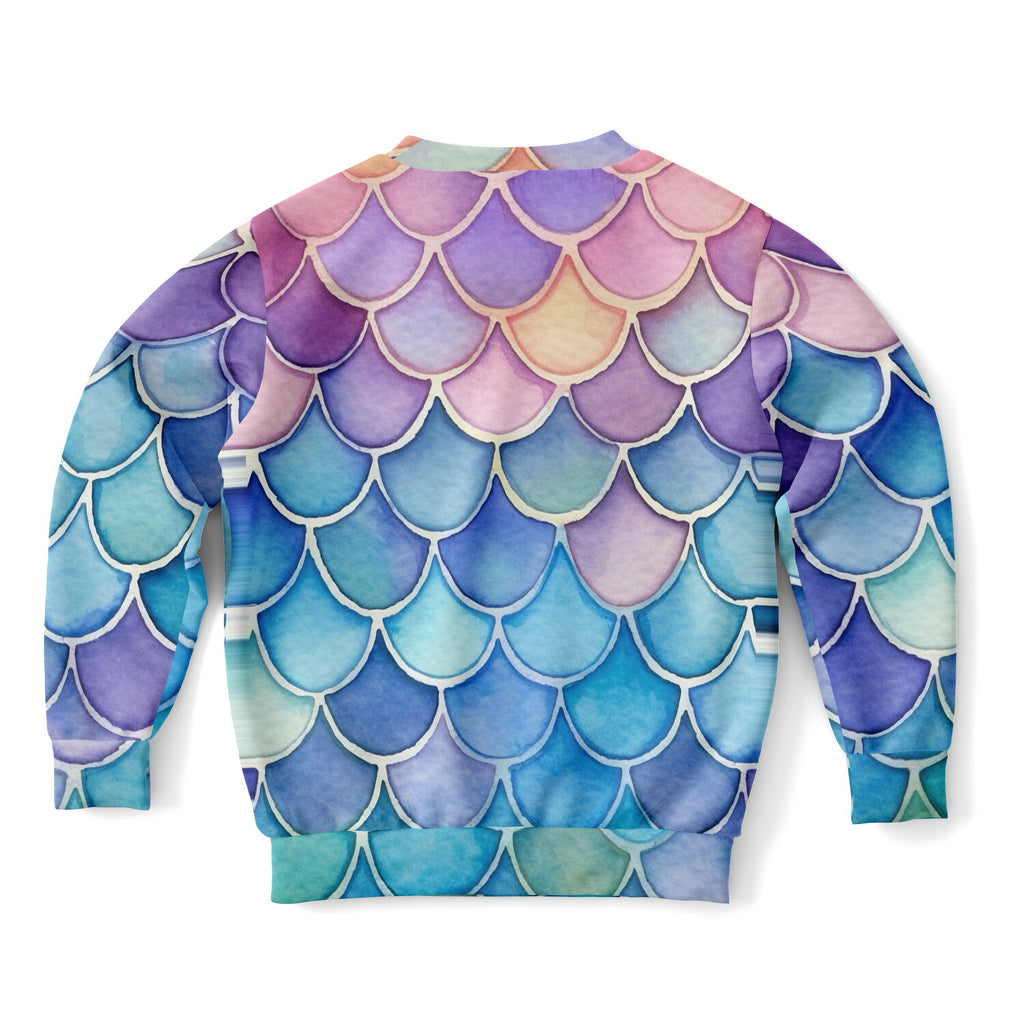 Girls colorful mermaid scales sweatshirt with vibrant blue purple pink watercolor pattern in cozy cotton fleece or sports fabric