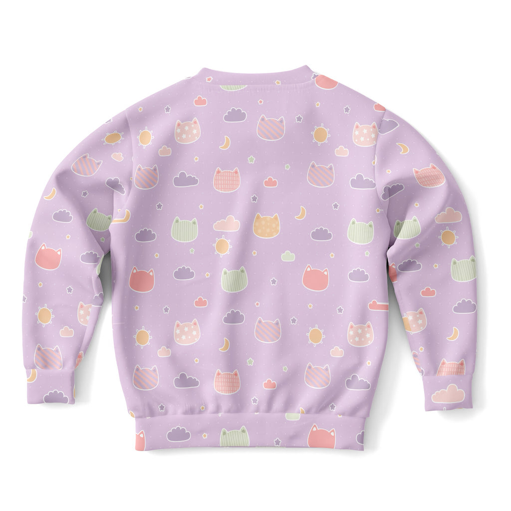 Girls Pastel Purple Kawaii Cats & Clouds Sweatshirt – Cozy Cotton Fleece or Lightweight Sports Fabric