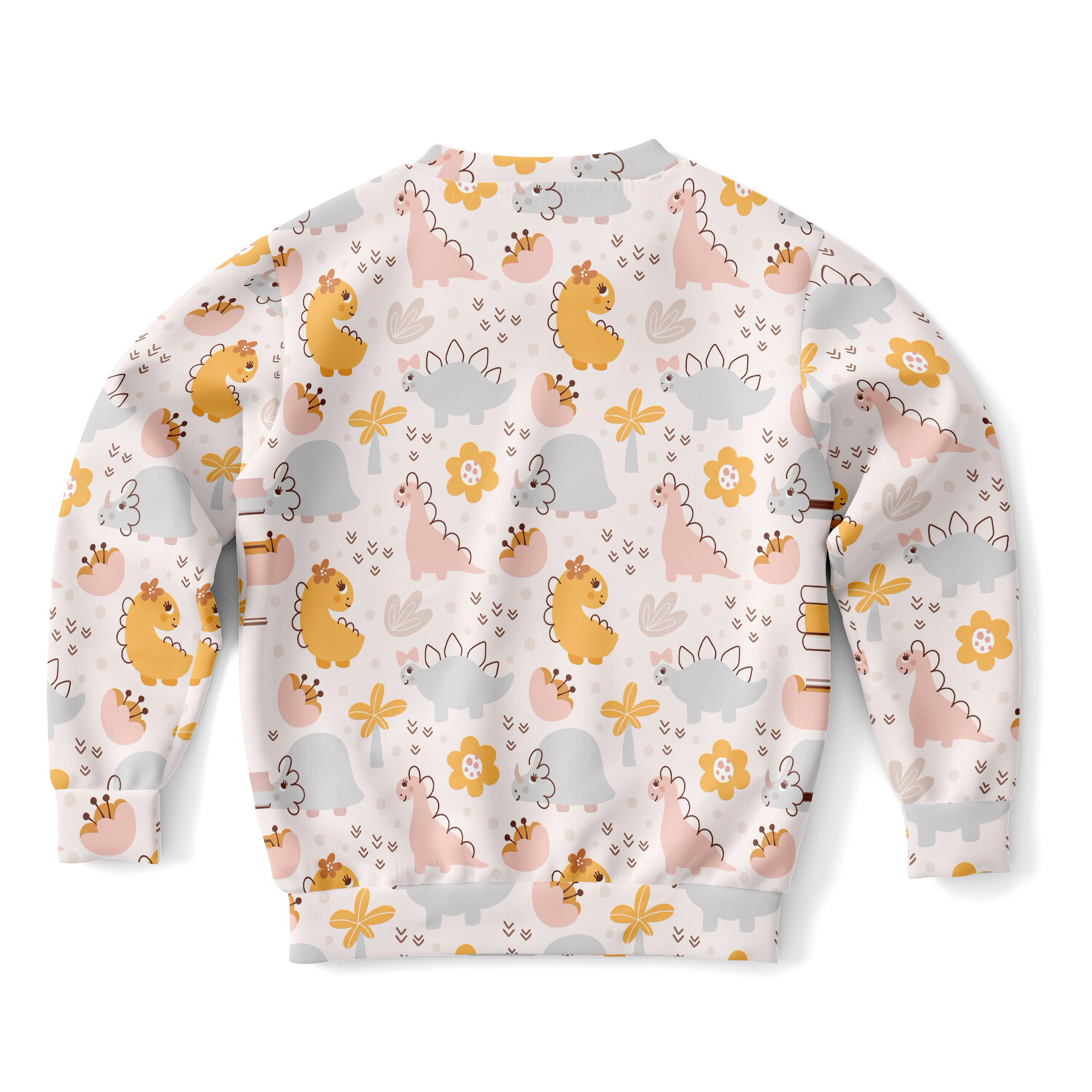 Girls floral dinosaur sweatshirt in cozy white cotton fleece with pastel dinosaur and flower pattern for casual wear