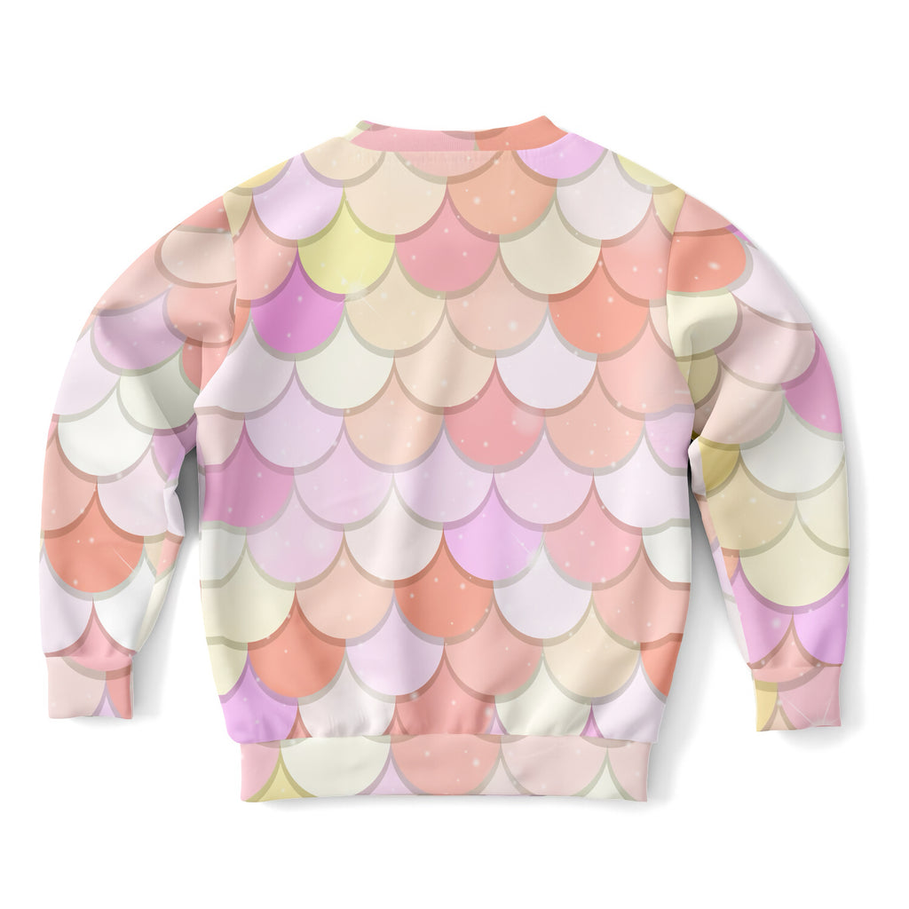 Girls pink mermaid scales sweatshirt with pastel pink lavender peach and cream cotton fleece for cozy wear