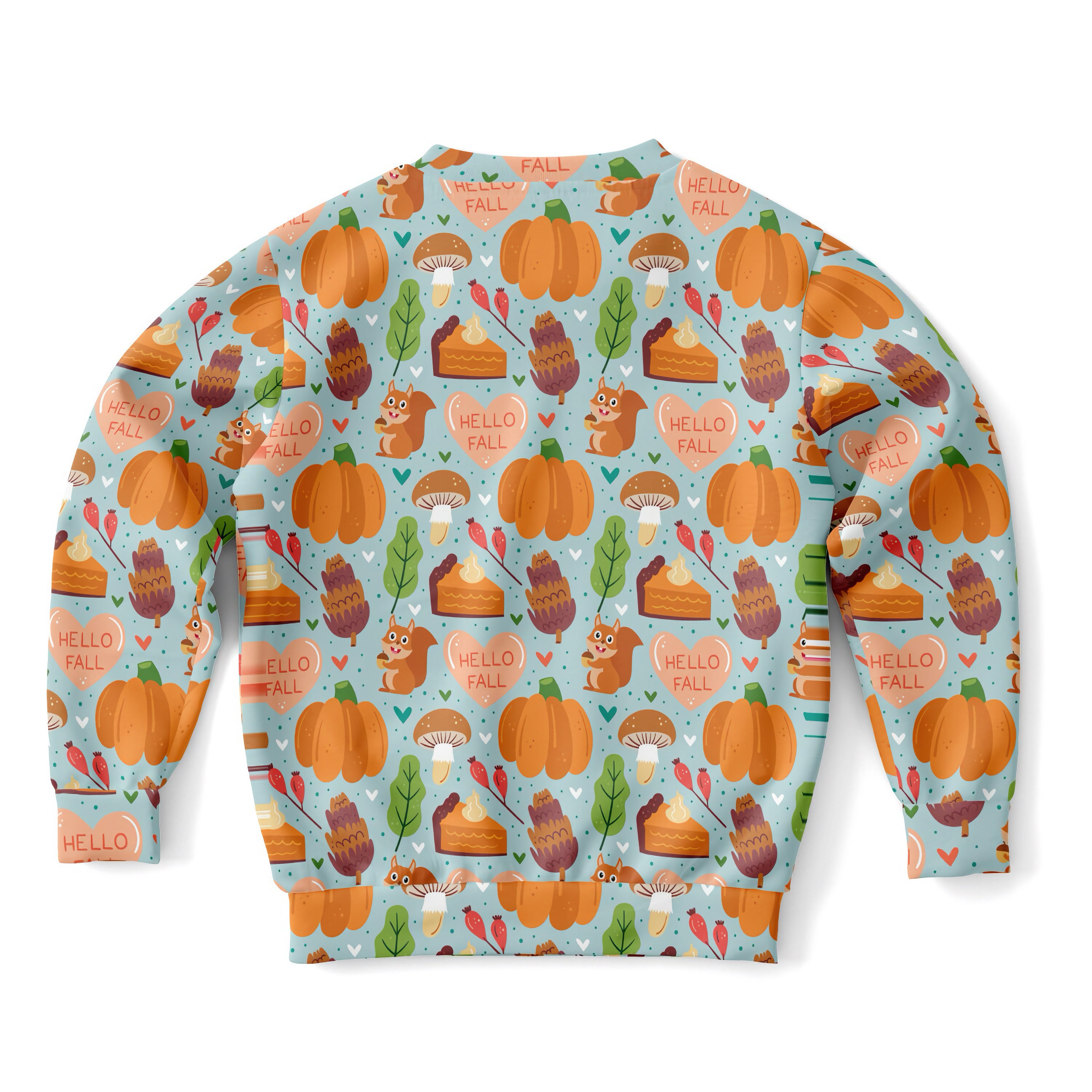 Kids hello fall autumn themed light blue sweatshirt with pumpkins squirrels mushrooms in cozy cotton fleece fabric