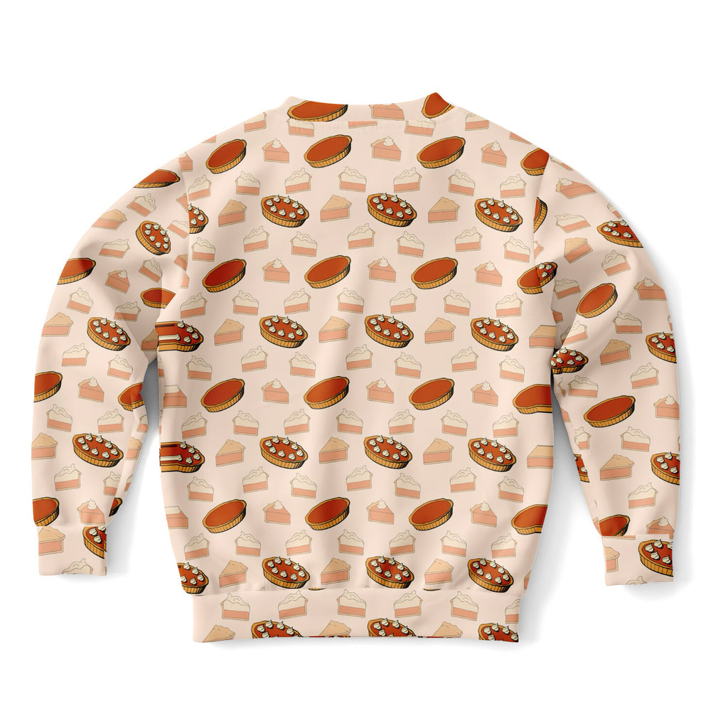 Beige kids pumpkin pie thanksgiving sweatshirt with repeating pie pattern in warm tones made of cozy cotton fleece