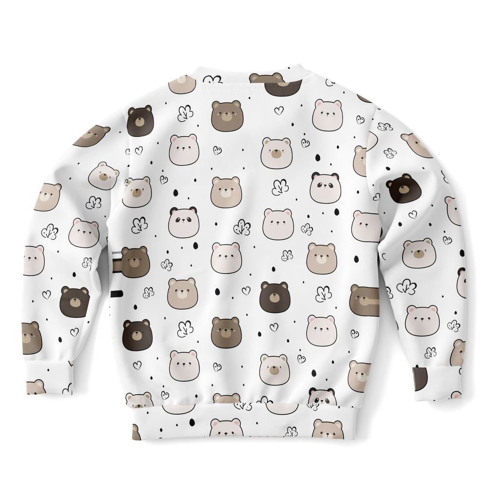 White kids sweatshirt with playful brown and beige cartoon bears pattern made of cozy cotton fleece fabric