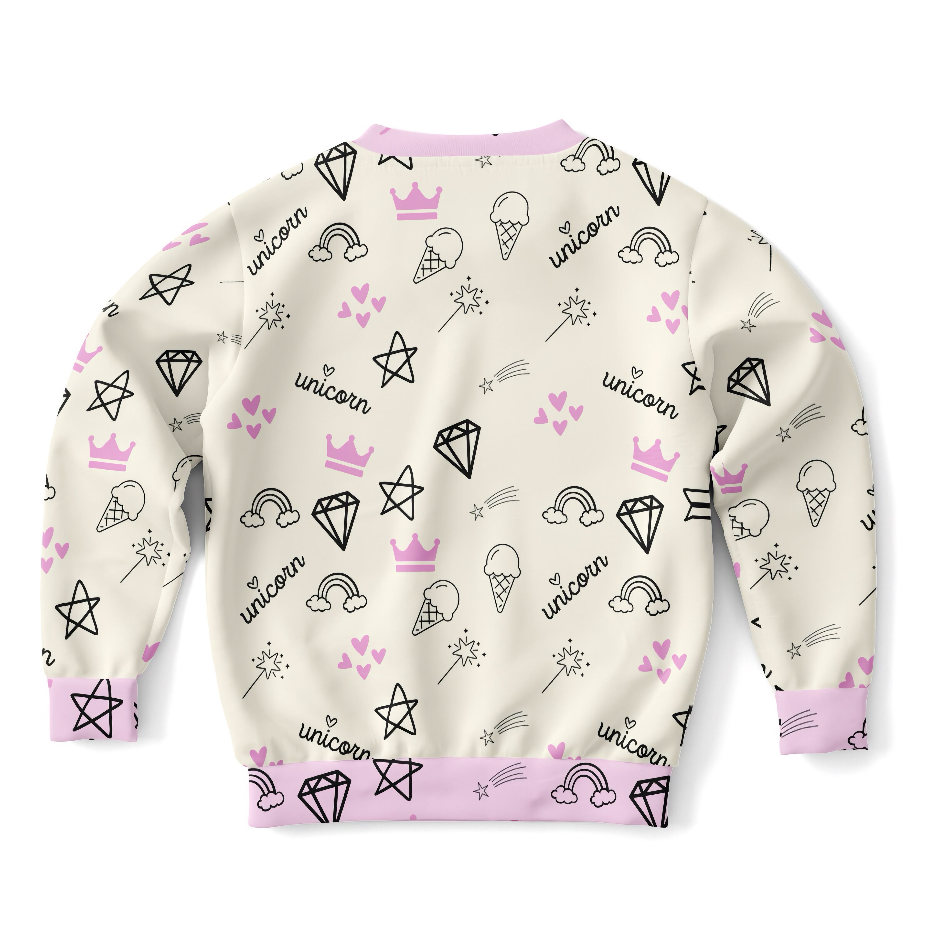 Cream-colored girls magical unicorn sweatshirt with playful black and pink prints in cozy cotton fleece fabric