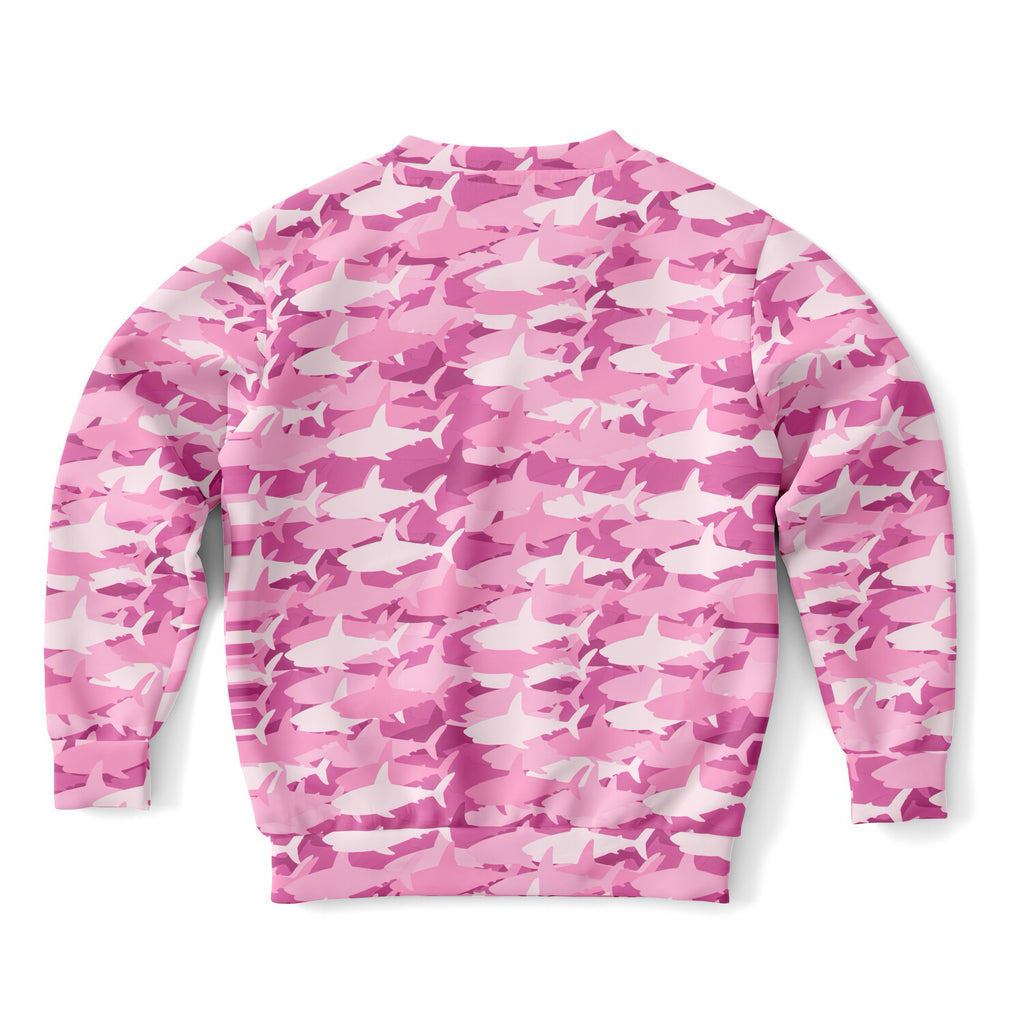 Girls pink shark sweatshirt in cozy cotton fleece with pink and white shark camouflage pattern for casual wear