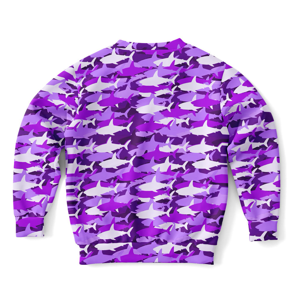 Girls purple and white shark camouflage pattern sweatshirt made of cozy cotton fleece or lightweight sports fabric