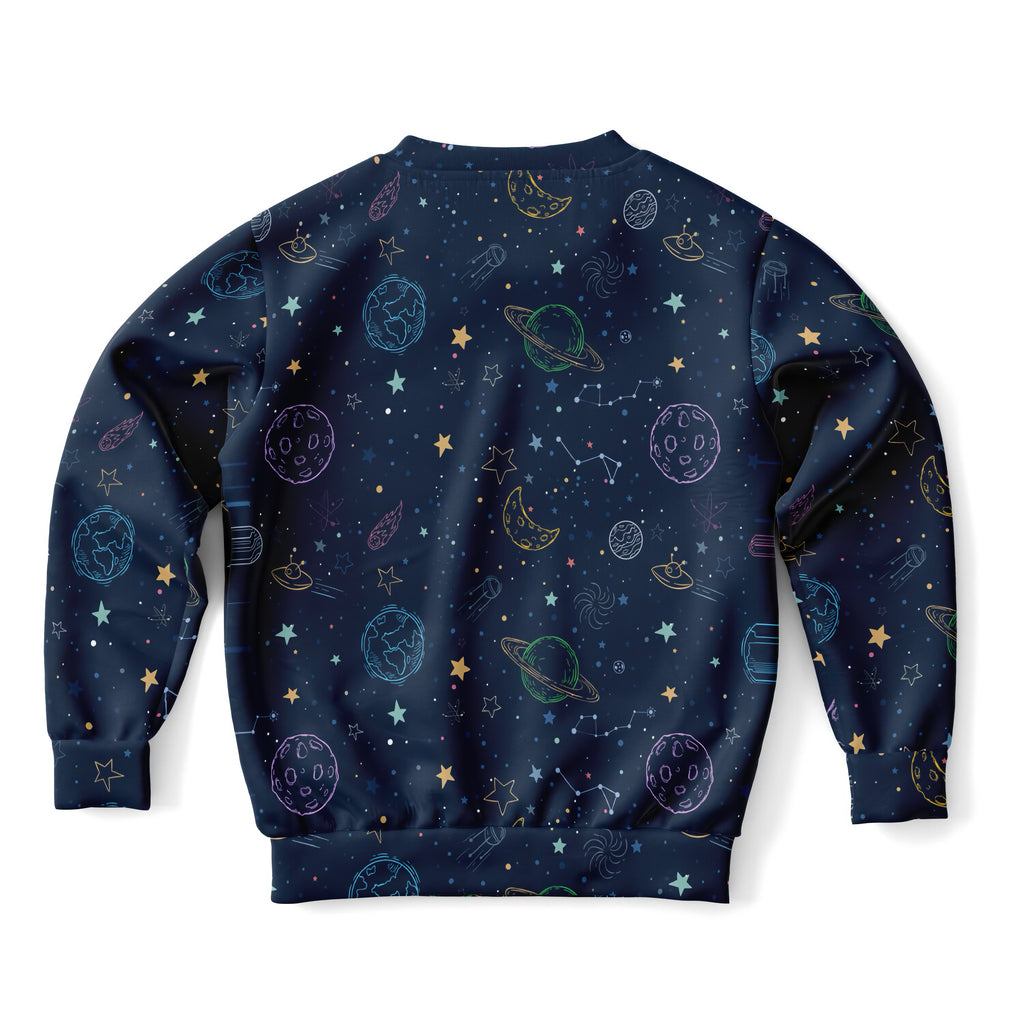 Kids colorful galaxy space sweatshirt in dark blue cotton fleece with hand-drawn pastel planets stars and ufos