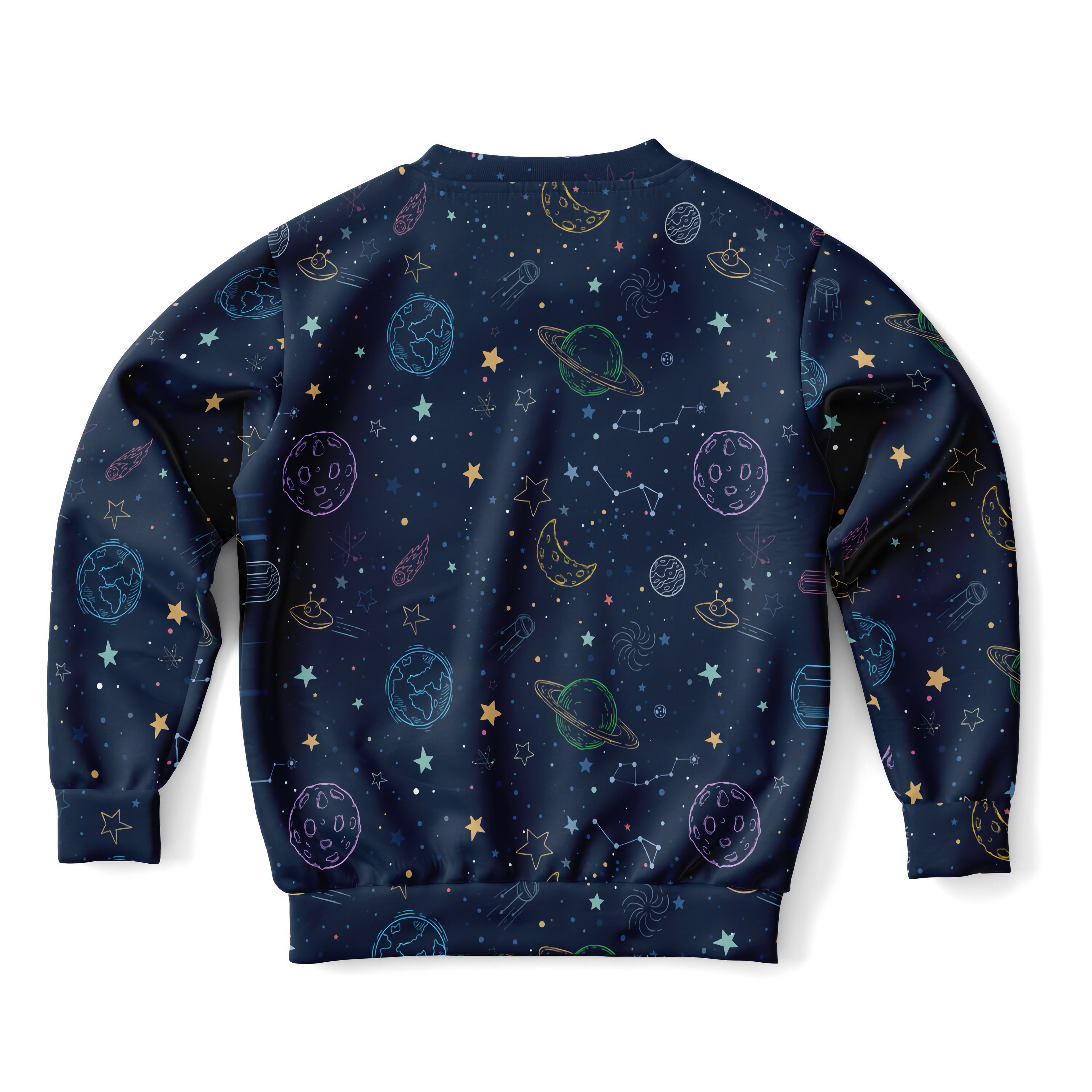 Kids colorful galaxy space sweatshirt in dark blue cotton fleece with hand-drawn pastel planets stars and ufos
