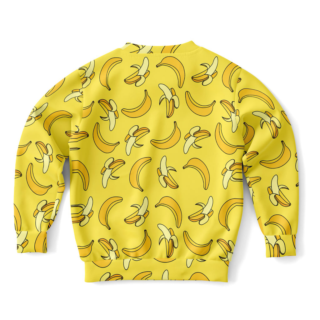 Kids yellow banana sweatshirt in cozy cotton fleece with a playful banana print for comfortable everyday wear