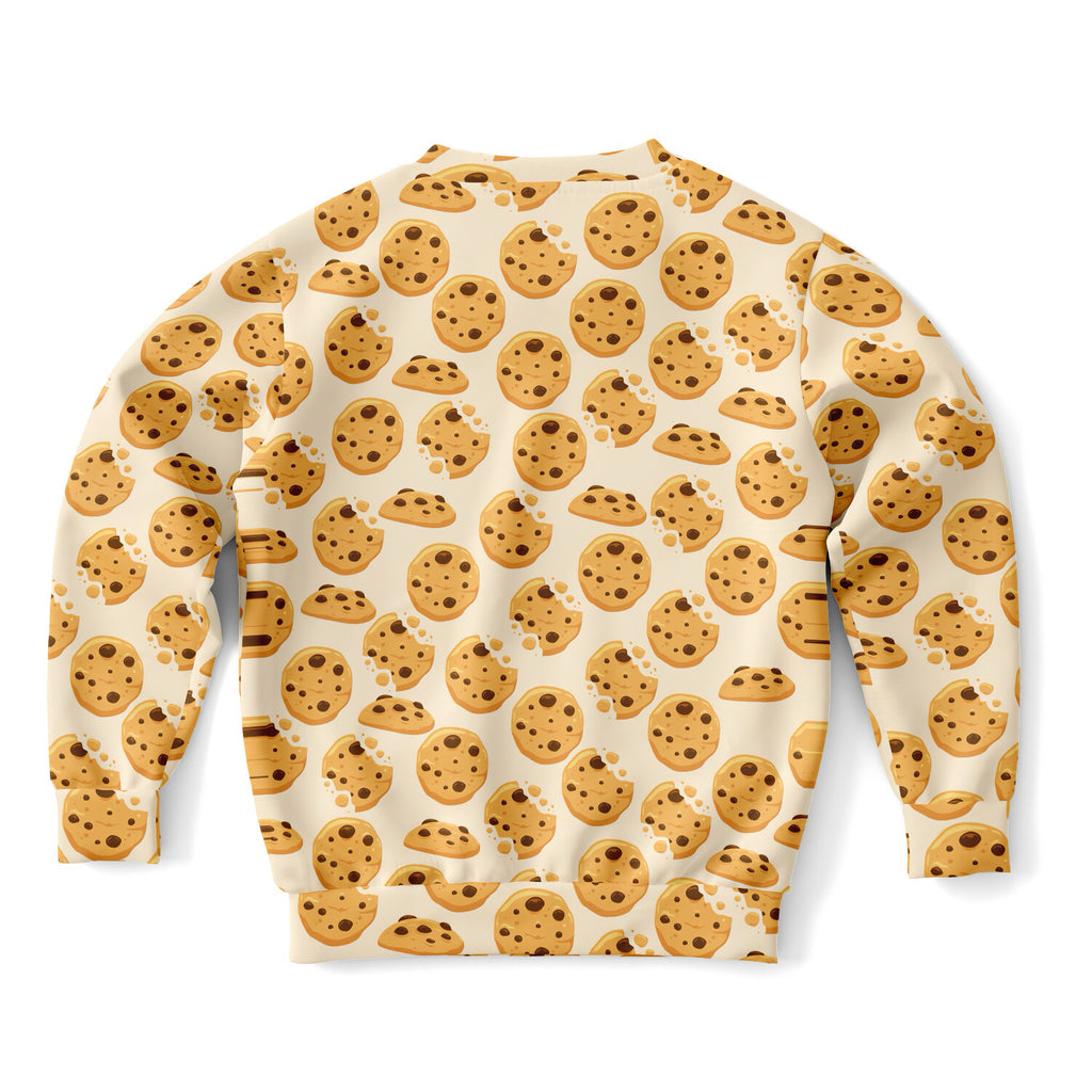 Cream-colored kids sweatshirt with playful chocolate chip cookie print in cozy cotton fleece or lightweight sports fabric