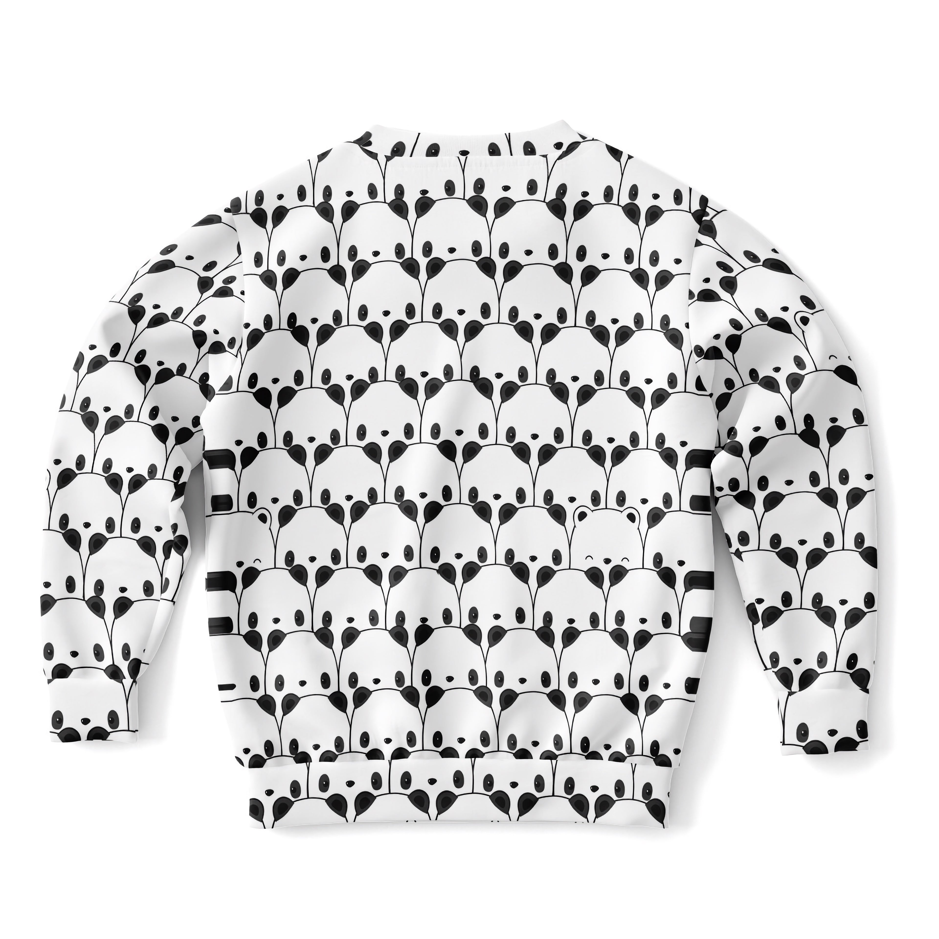 White kids panda sweatshirt with repeating black line art pandas made of cozy cotton fleece or lightweight sports fabric