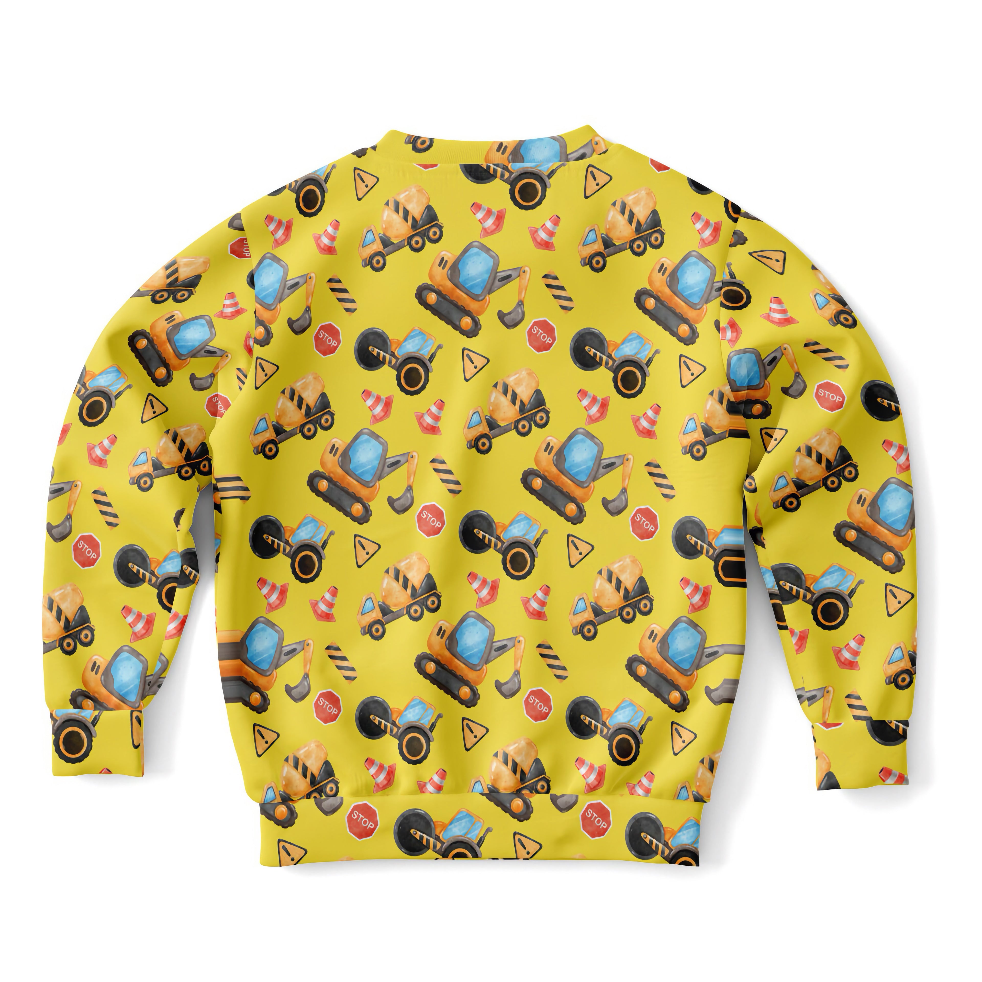 Yellow kids construction themed sweatshirt with playful construction vehicle print in cozy cotton fleece fabric