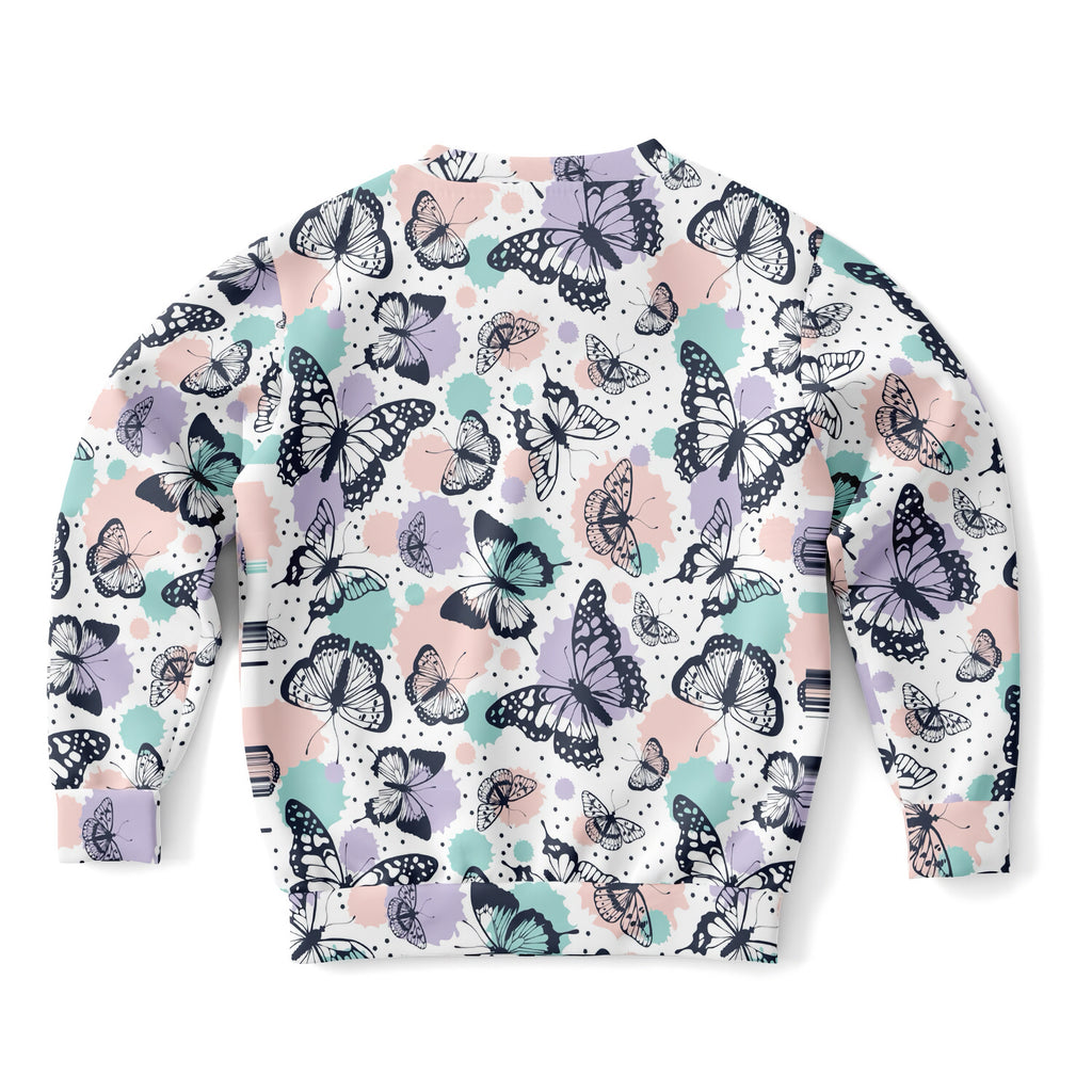 White girls butterfly sweatshirt with black and purple butterfly pattern on cozy cotton fleece fabric