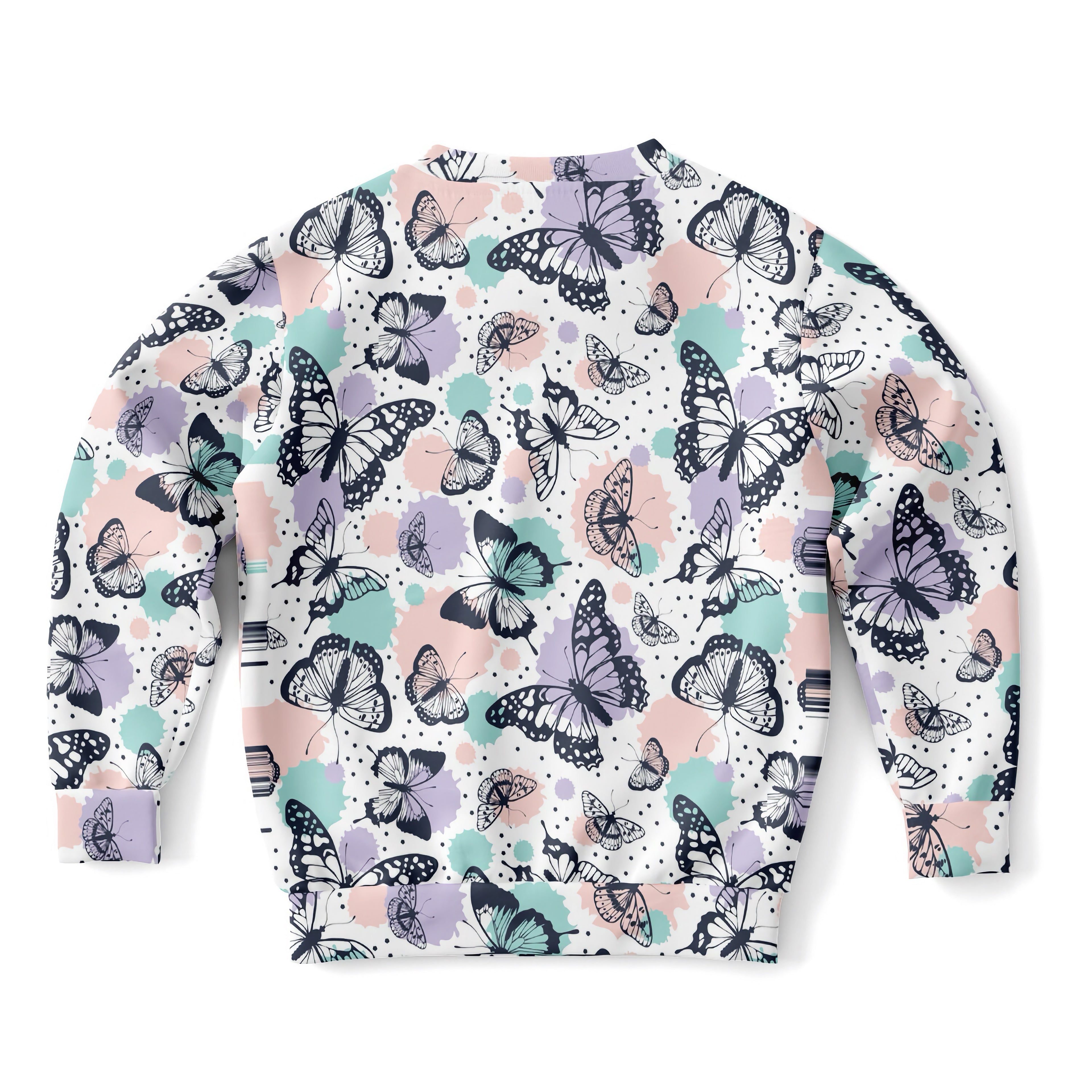 White girls butterfly sweatshirt with black and purple butterfly pattern on cozy cotton fleece fabric