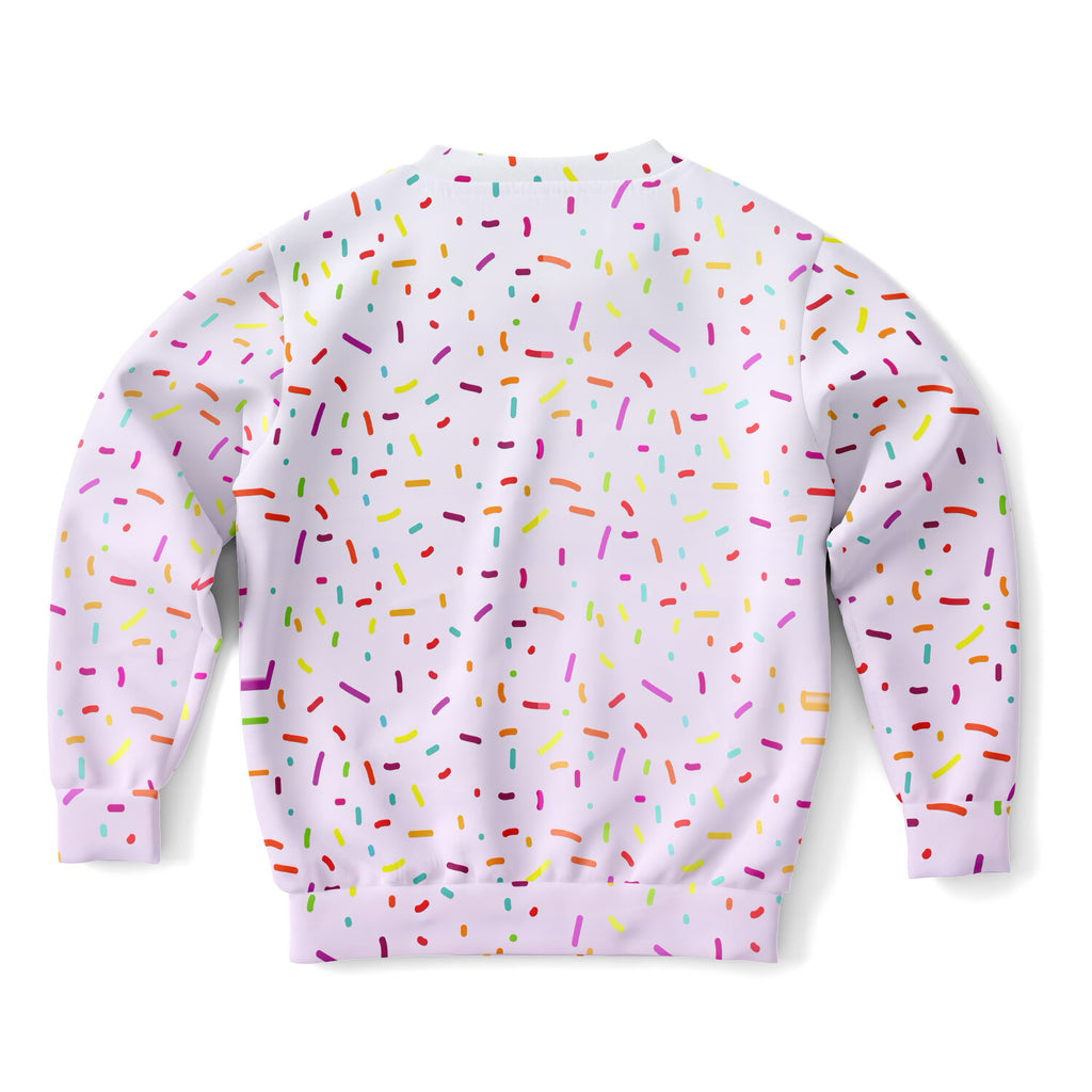 White sweatshirt with colorful sprinkle print in pink yellow green orange and purple cozy cotton fleece fabric