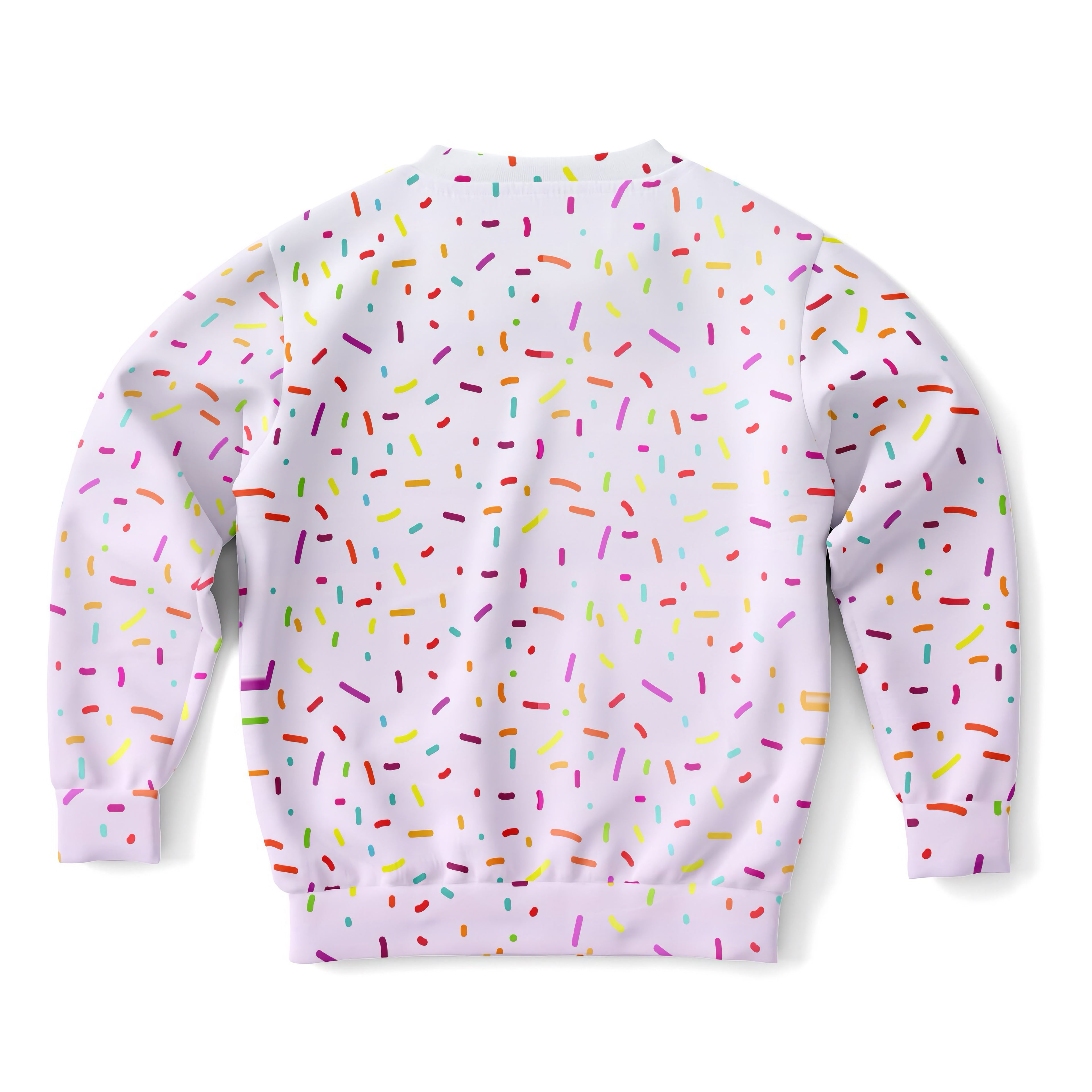 White sweatshirt with colorful sprinkle print in pink yellow green orange and purple cozy cotton fleece fabric