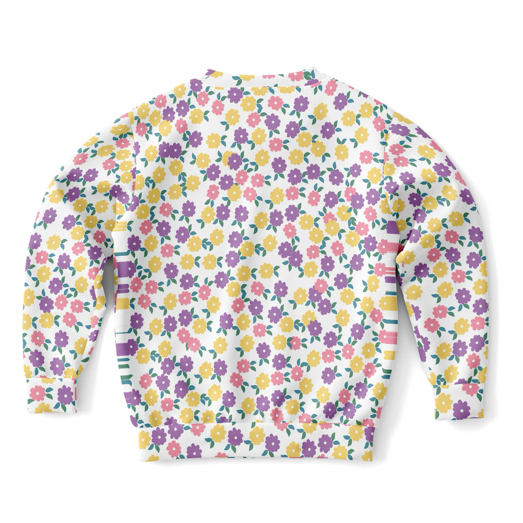 White girls colorful floral sweatshirt with pastel pink yellow purple flowers made of cozy cotton fleece
